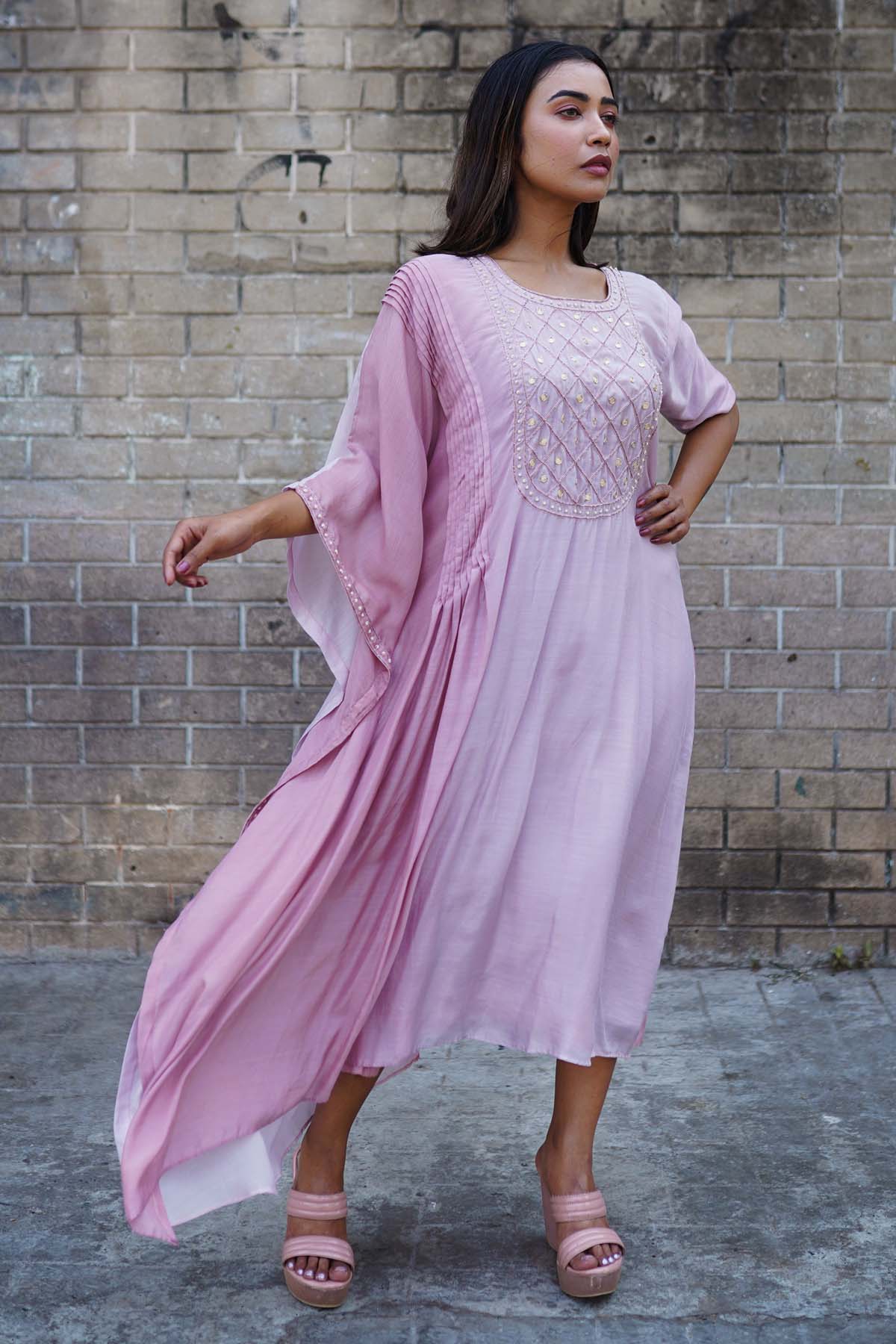 Buy Anamika Khandelwal Ombre Pink Embroidered Kaftan