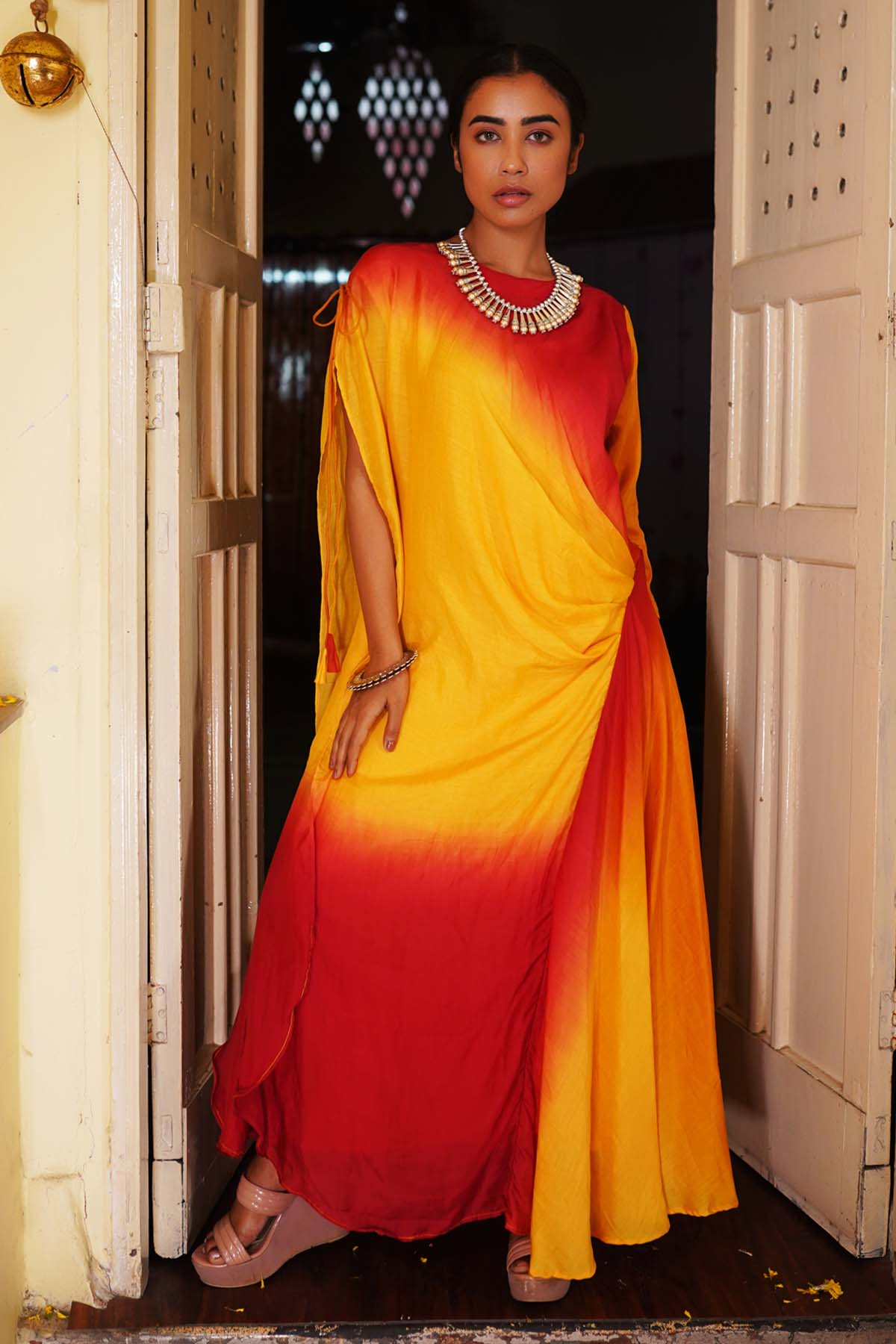 Buy Anamika Khandelwal Ombre Red & Yellow Drape Kaftan