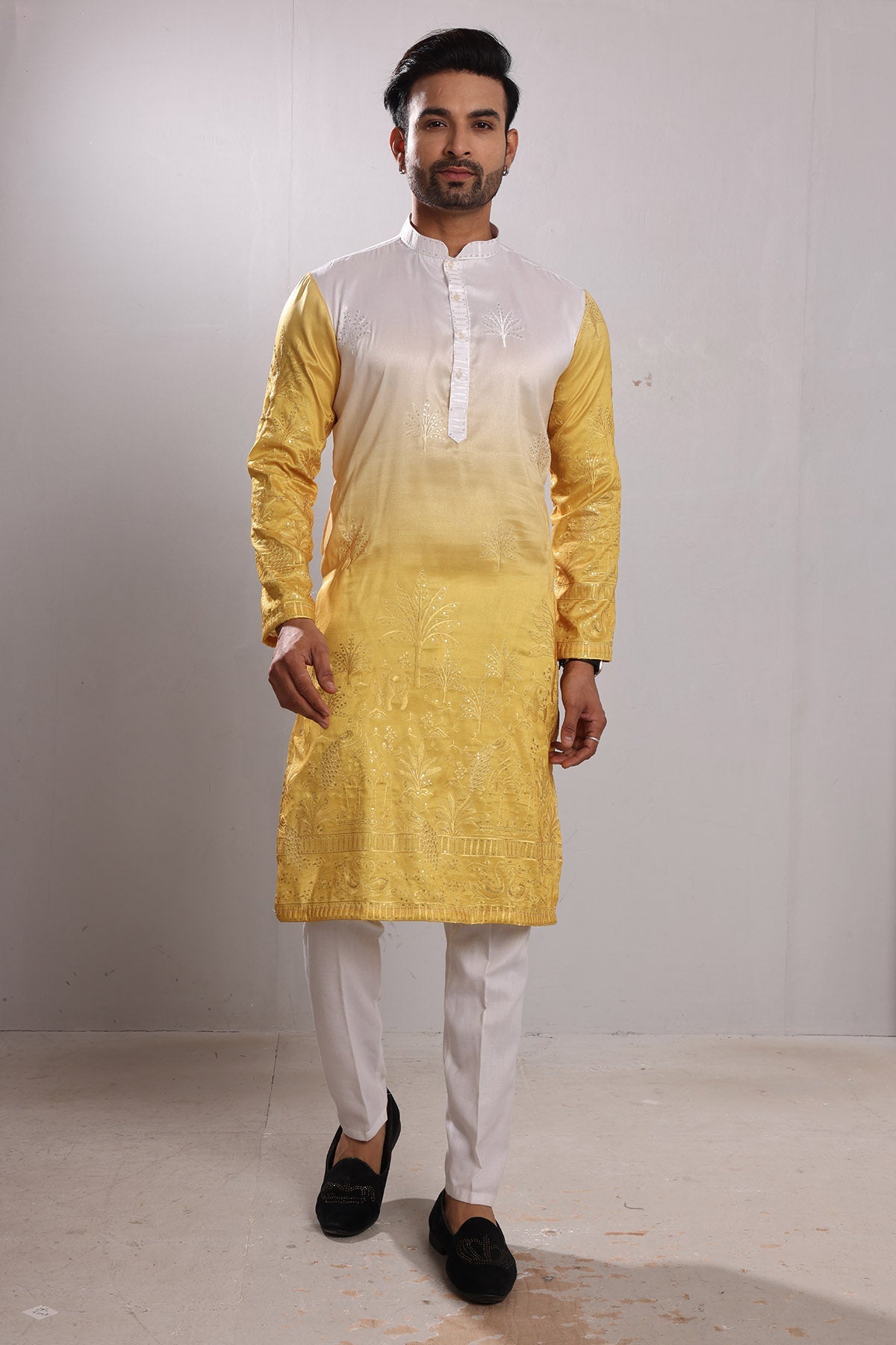 Buy Ombre Yellow Embroidered Kurta by SNEHA B for men online at ScrollnShops