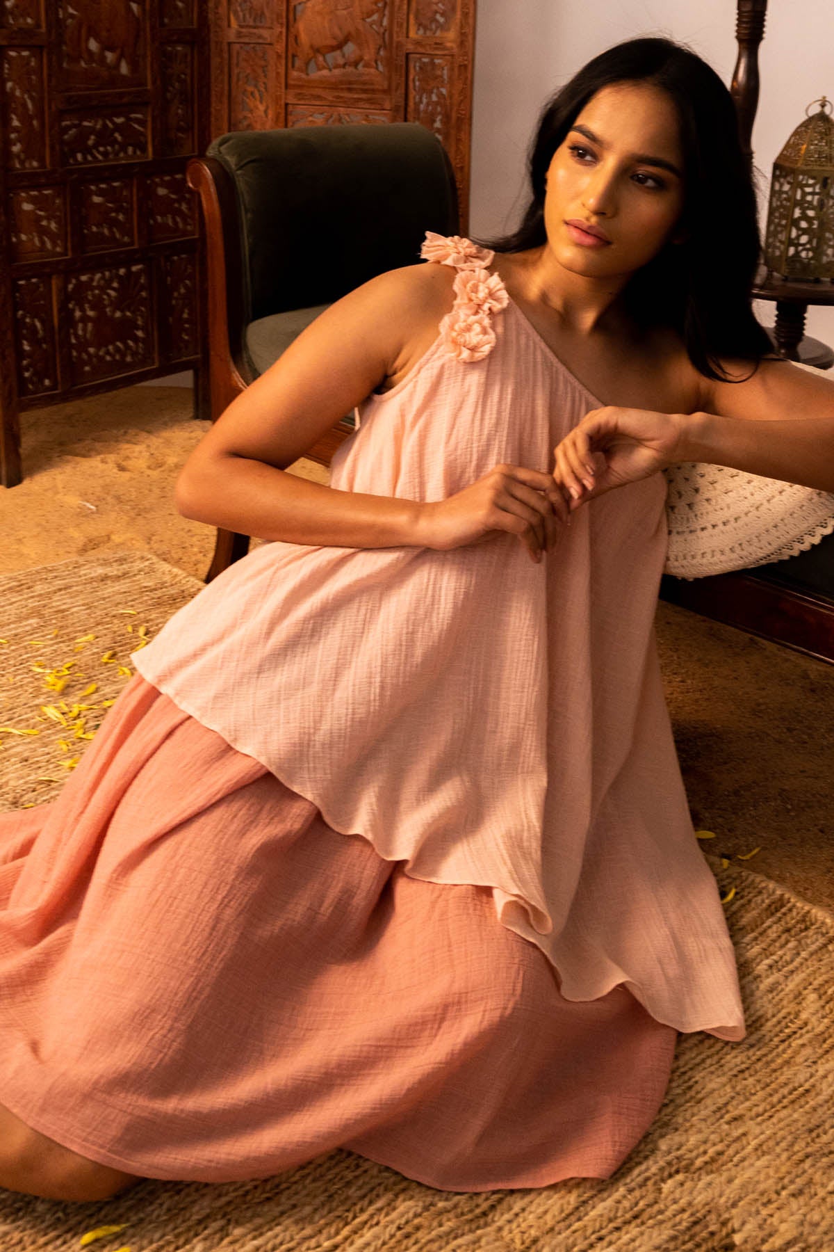 One Shoulder Flare Layered Dress