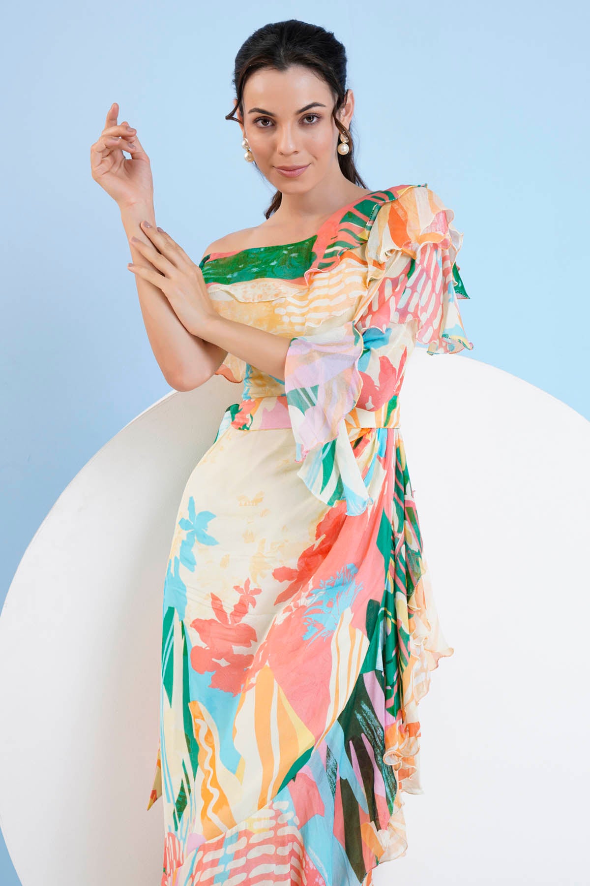 One Shoulder Printed Frill Dress