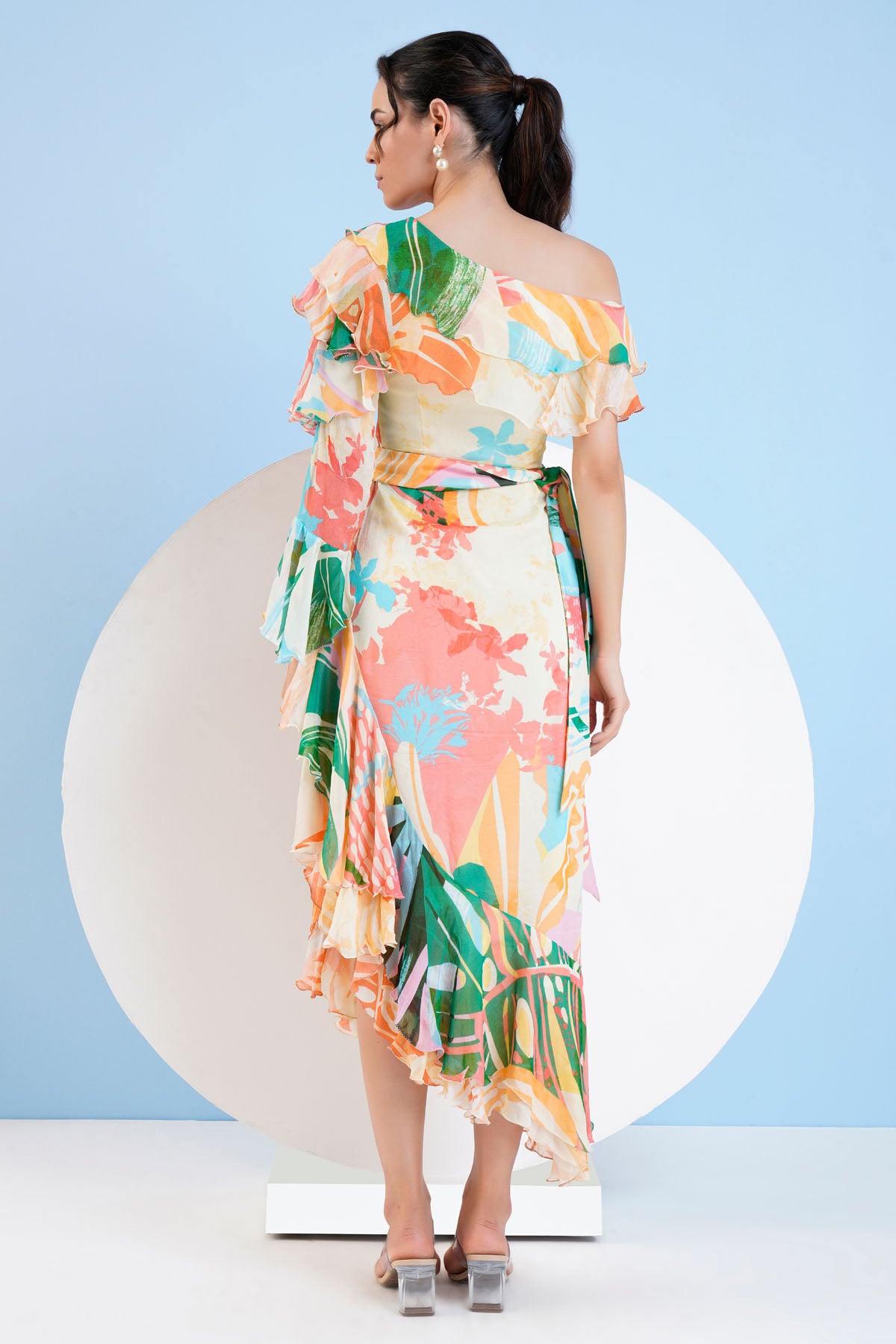 One Shoulder Printed Frill Dress