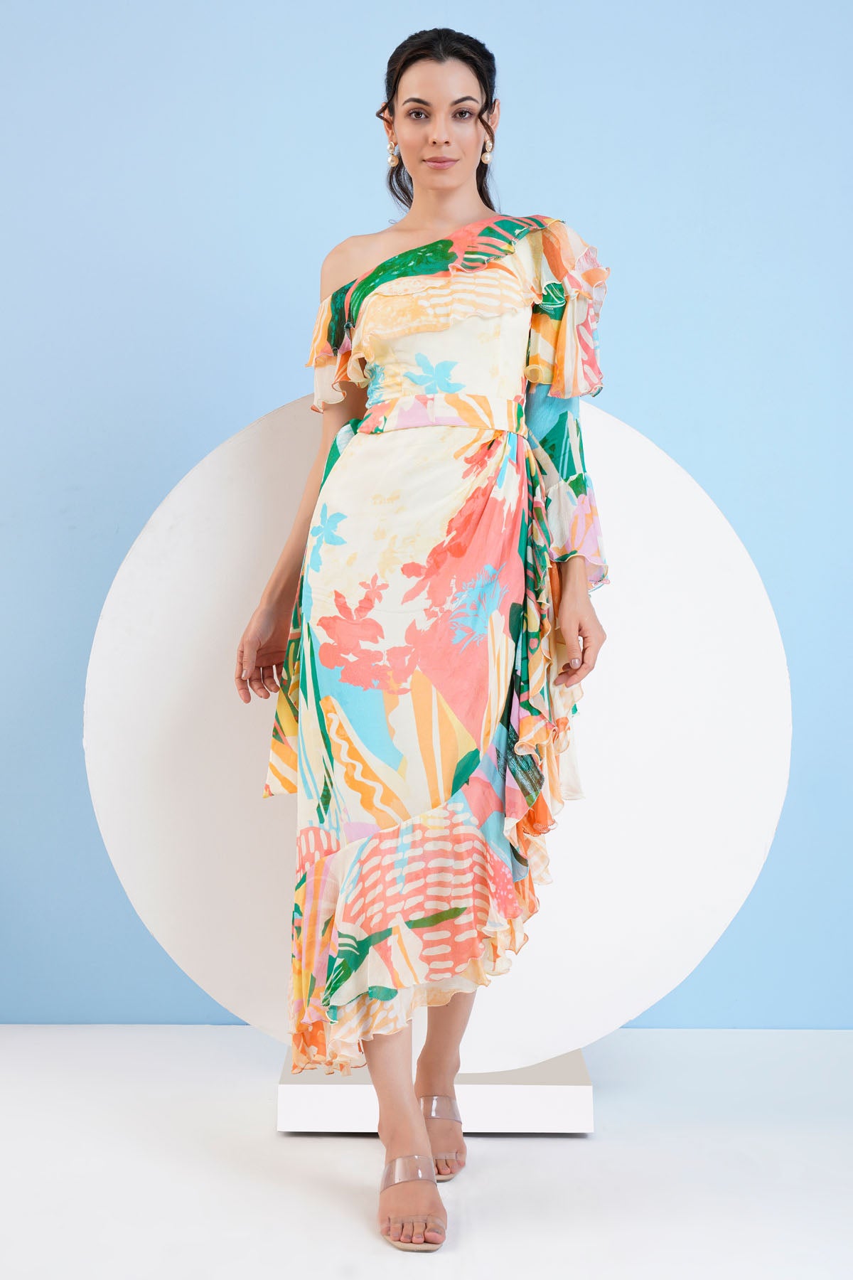 One Shoulder Printed Frill Dress