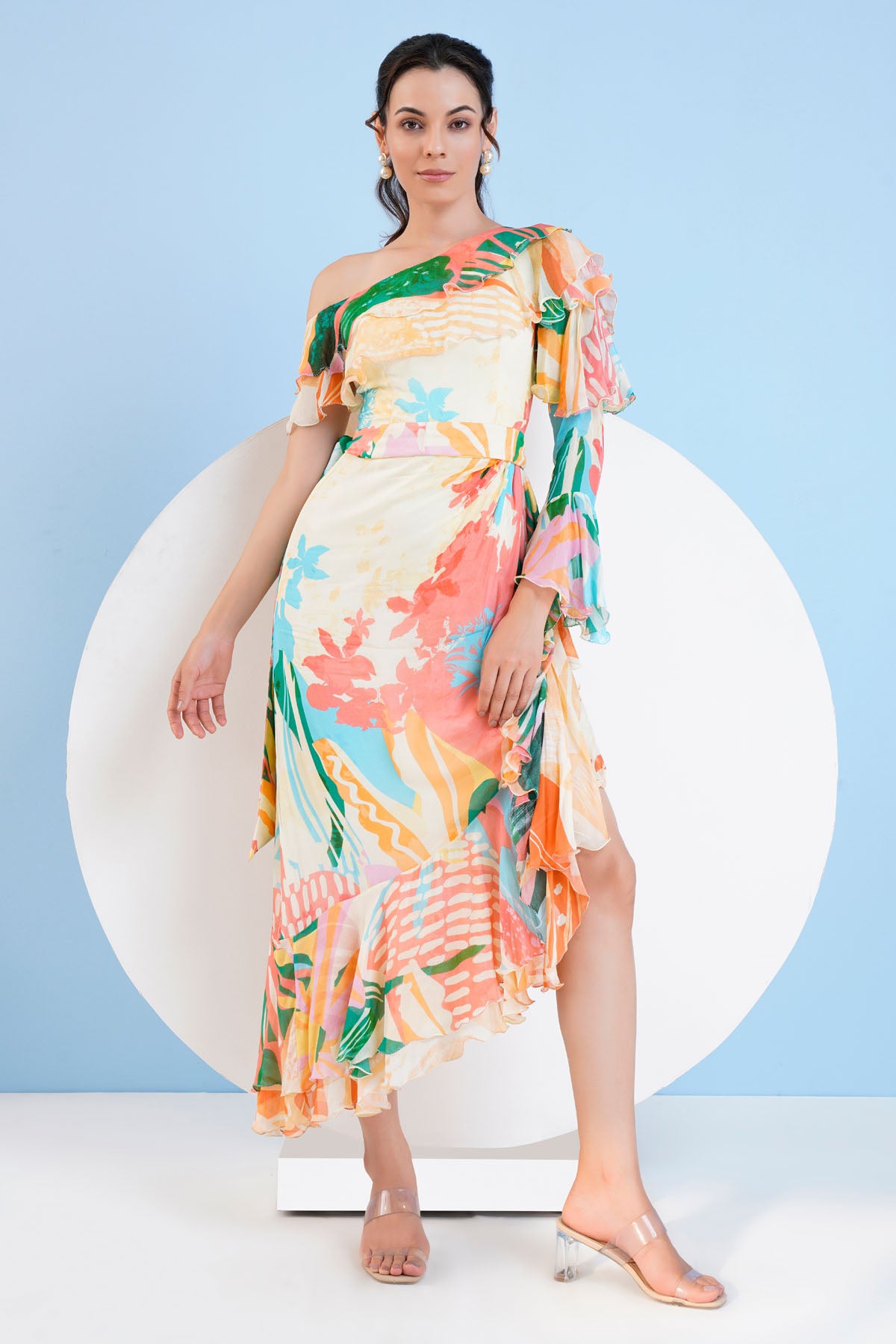 One Shoulder Printed Frill Dress