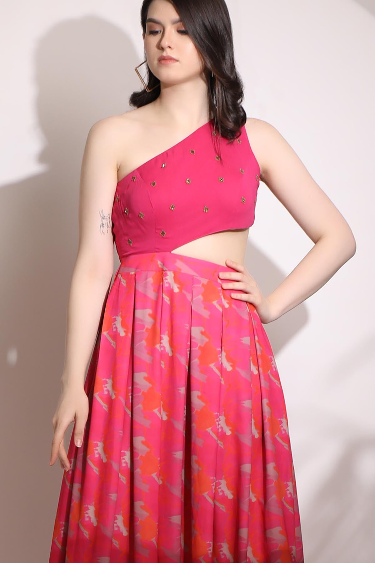 Pink One Shoulder Cutout Gown