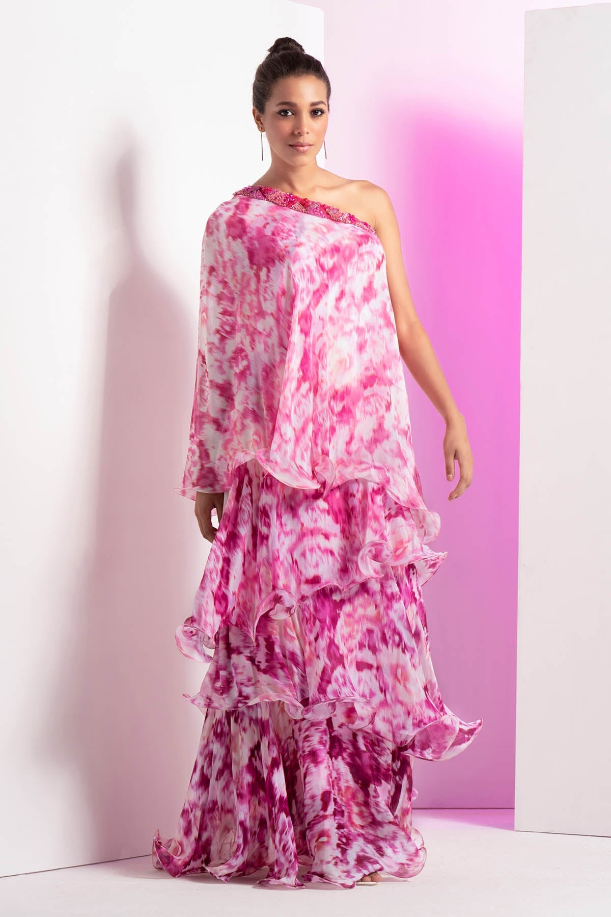 Buy Purple One Shoulder Floral Dress by Mandira Wirk