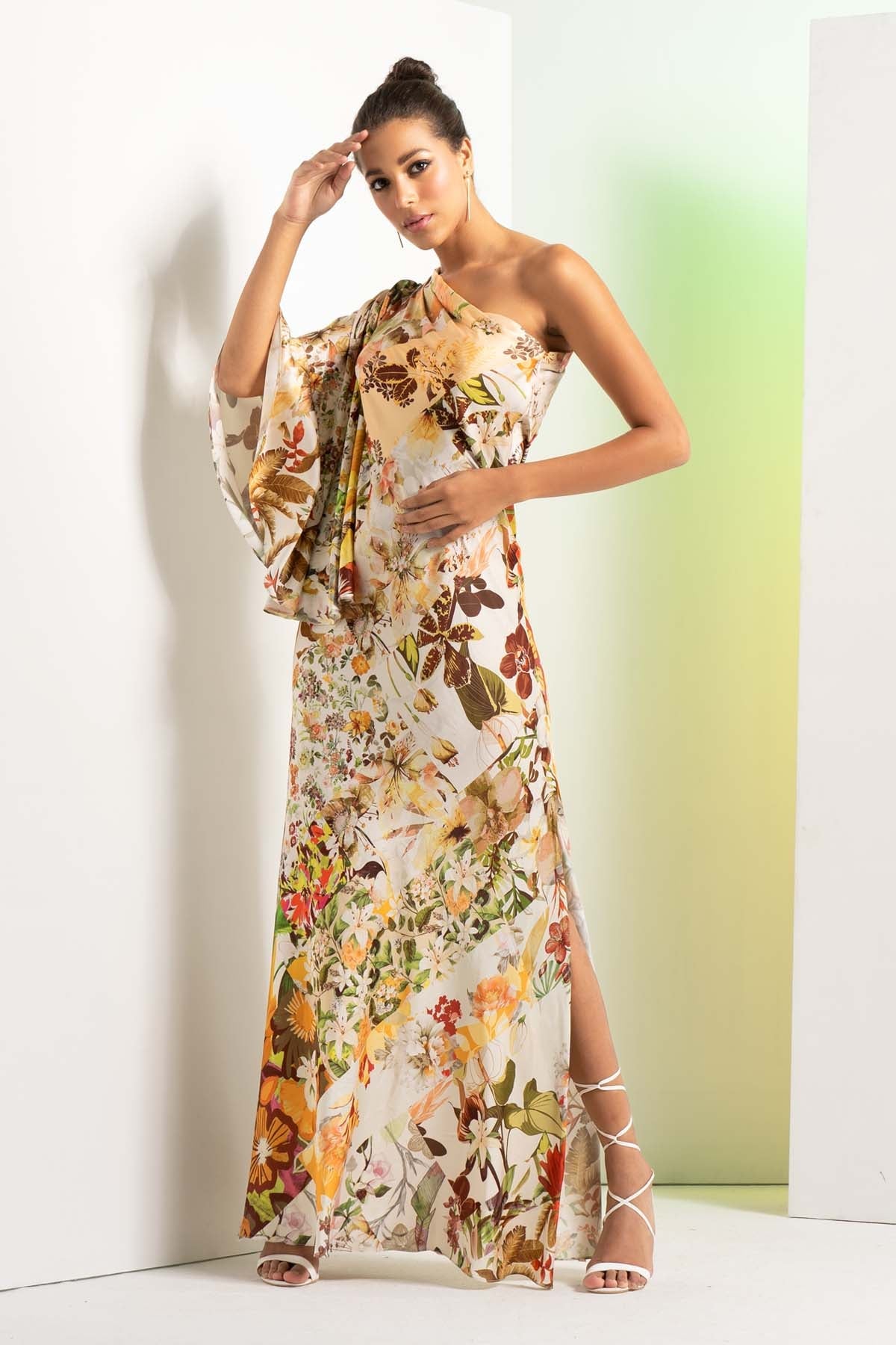 Buy Multi Color One Shoulder Kaftan by Mandira Wirk