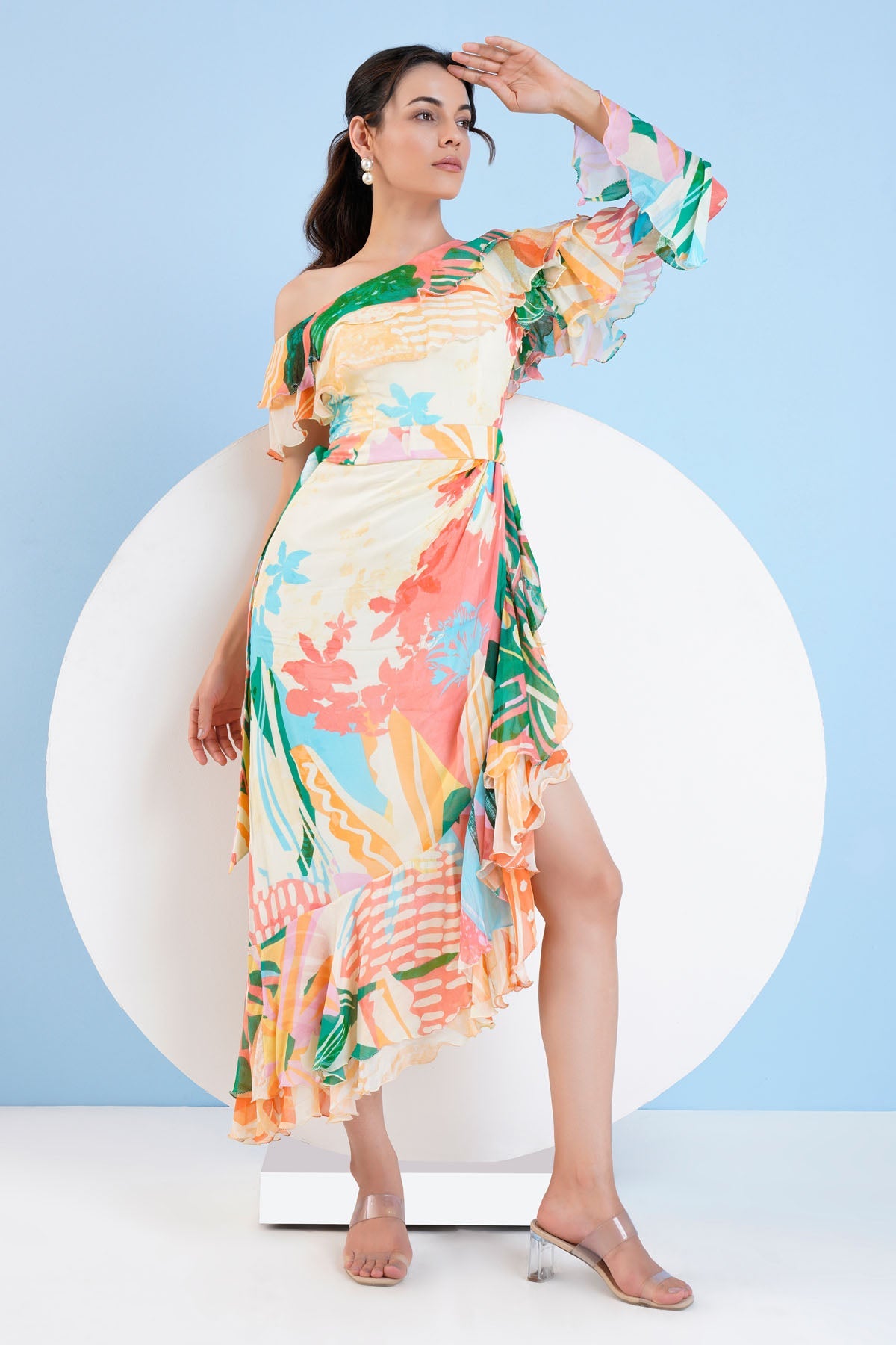 Buy Mandira Wirk Island Escape: One-Shoulder Tropical Chiffon Dress For Women at ScrollnShops