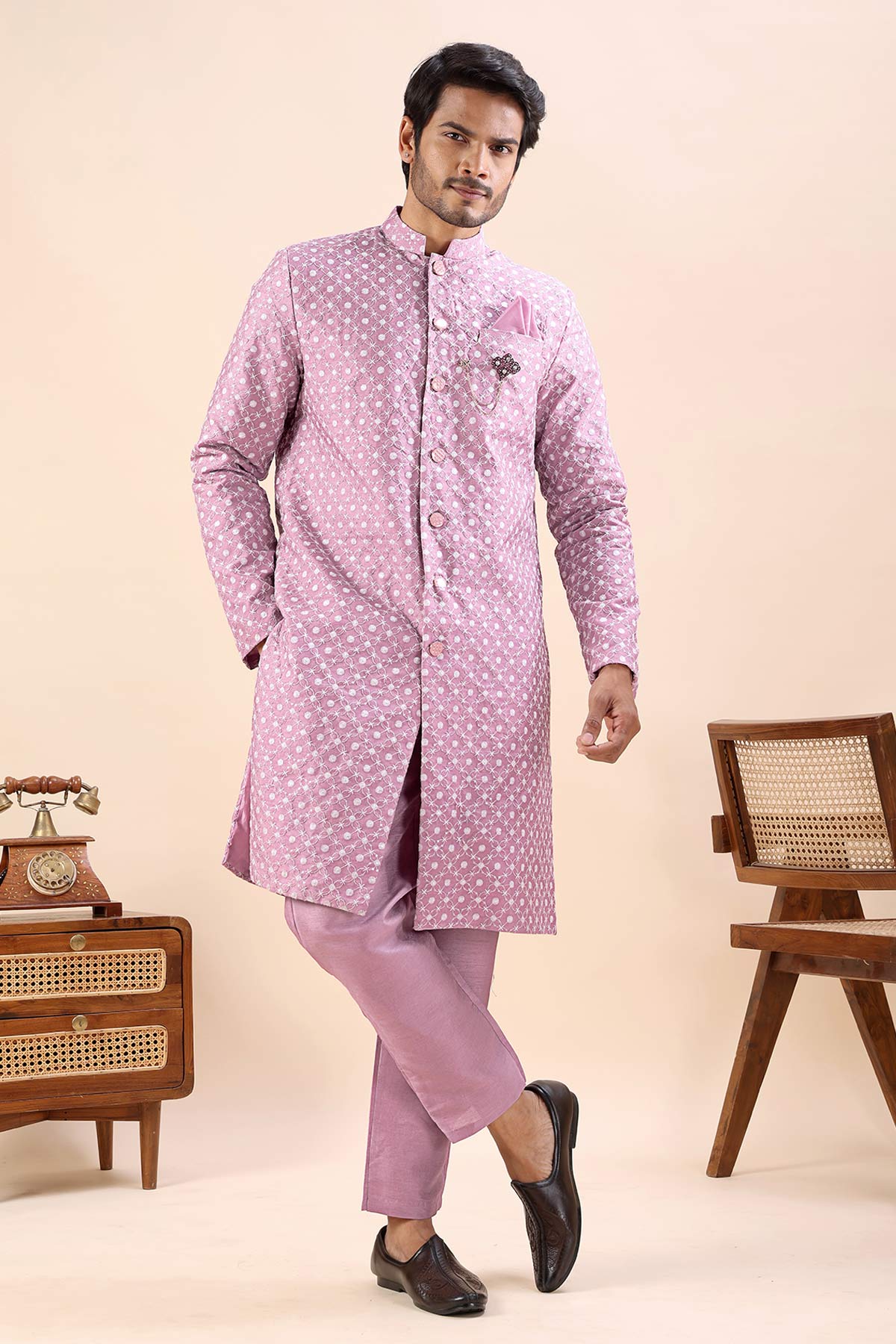 Buy Onion Cotton Silk Sherwani Set for men by Aastha Fashion online available at scrollnshops