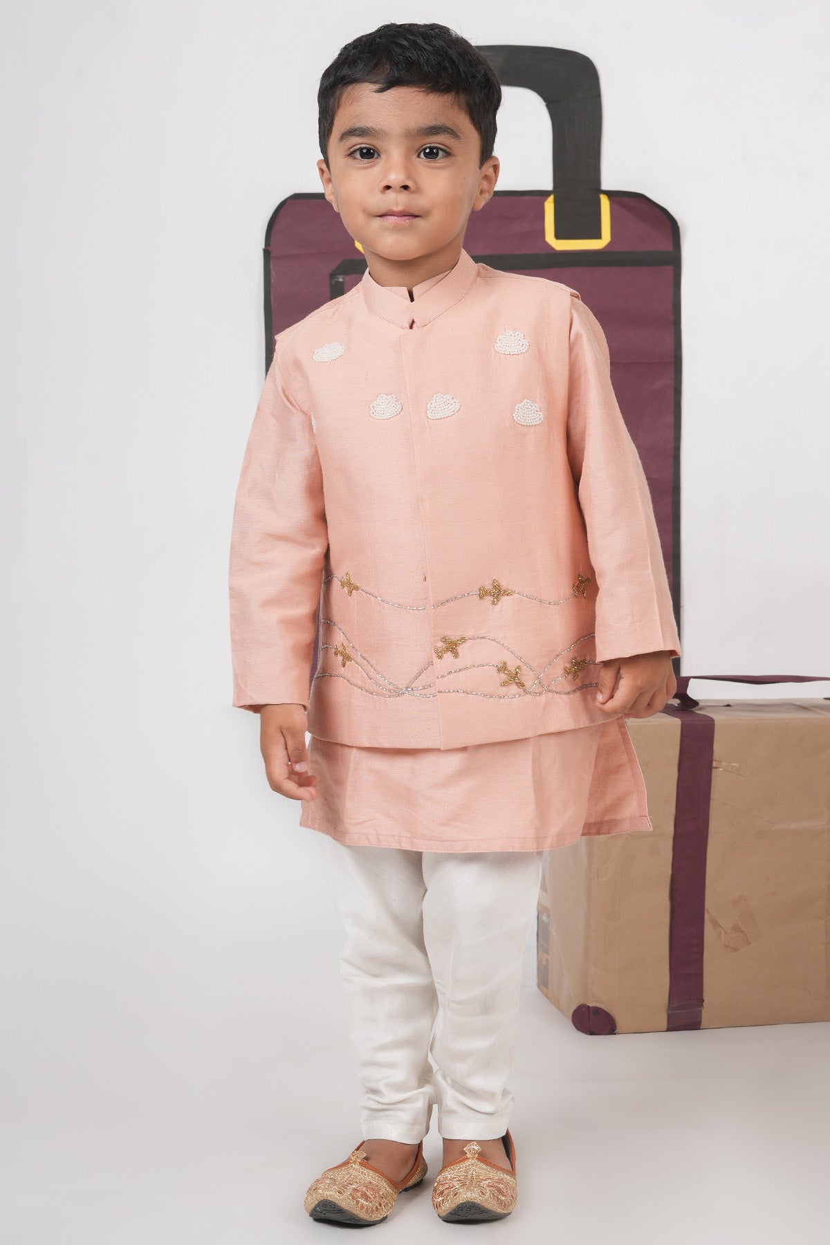 Buy Onion Pink Embroidery Bundi Set for boy by Little Brats online available at scrollnshops