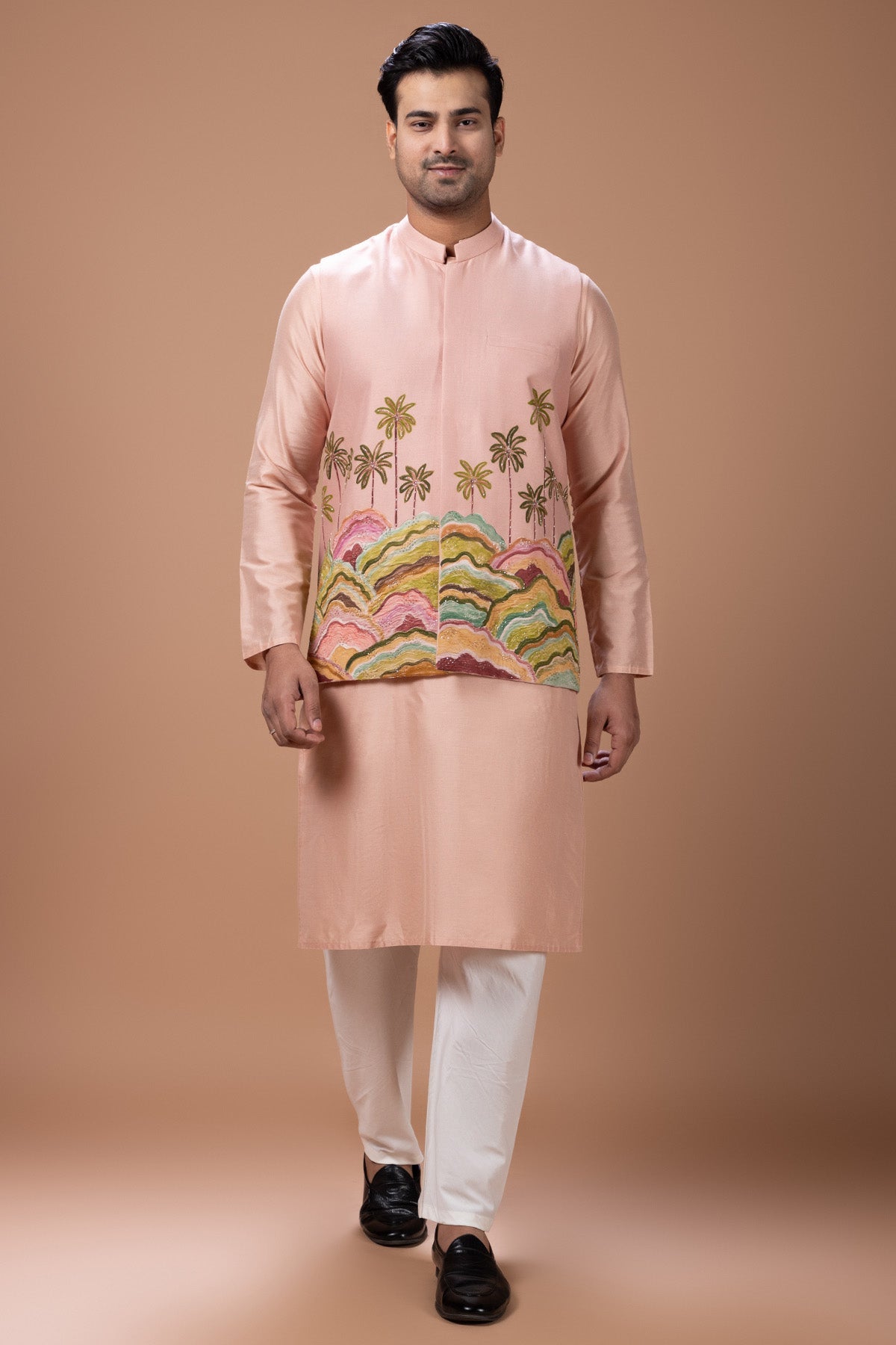 Buy Onion Pink Painted Kurta Set for men by Priyanka Haralalka online available at scrollnshops