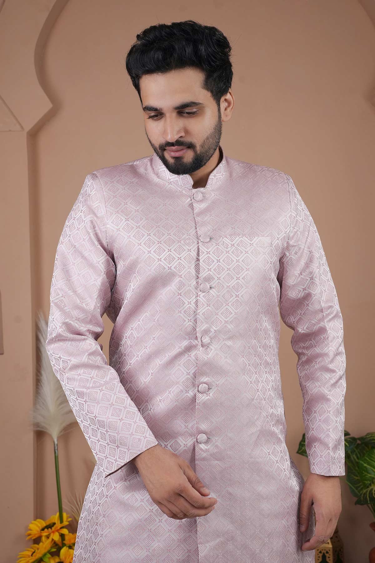 Onion Pink Silk Sherwani Set