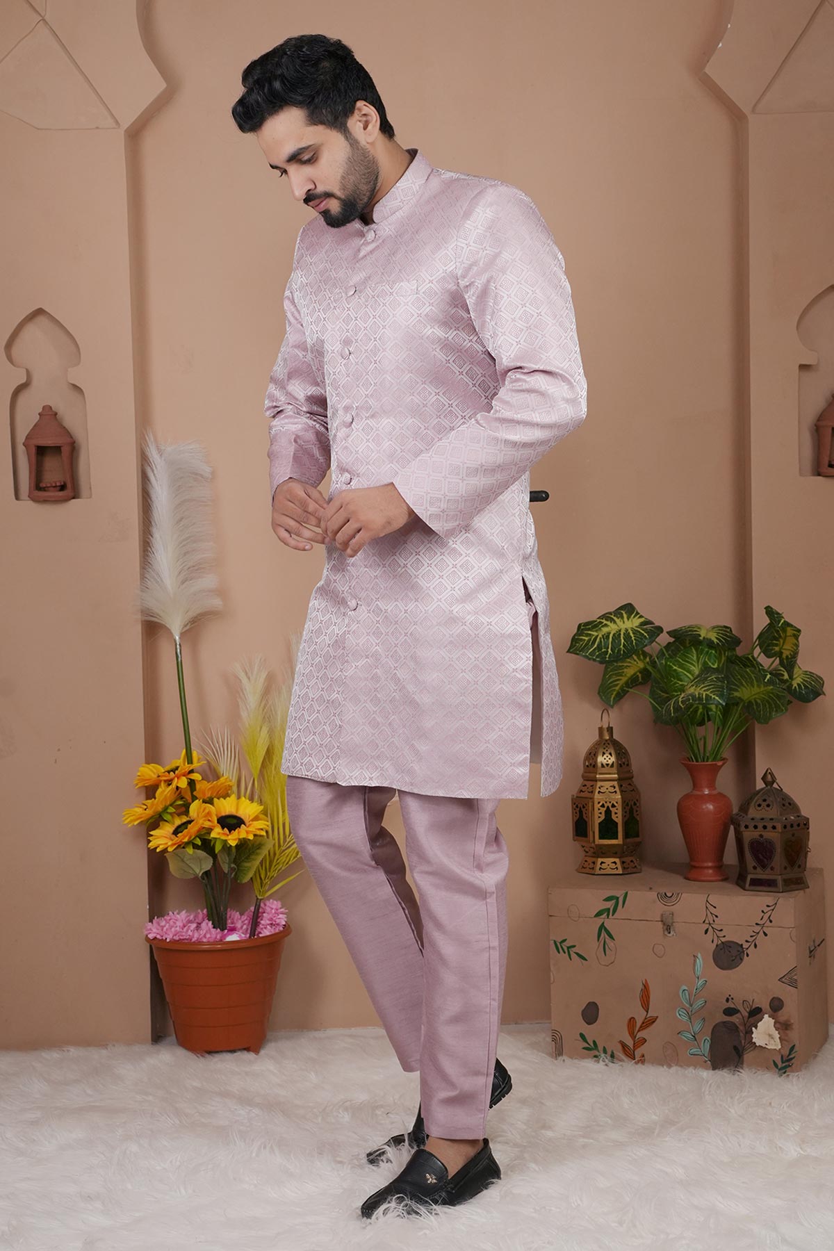 Buy Onion Pink Silk Sherwani Set for men by Aastha Fashion online available at scrollnshops
