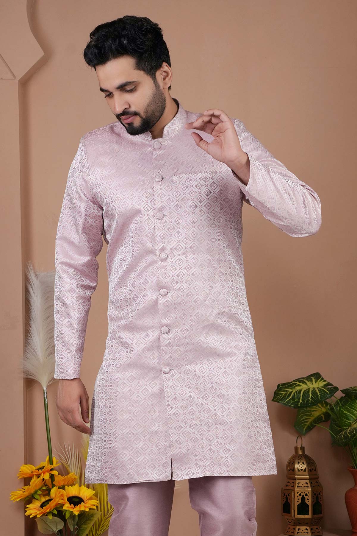 Onion Pink Silk Sherwani Set