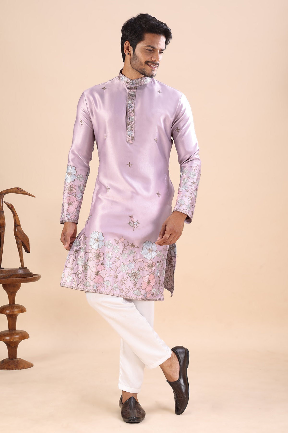 Buy Onion Satin Embroidered Kurta for men by Aastha Fashion online available at scrollnshops