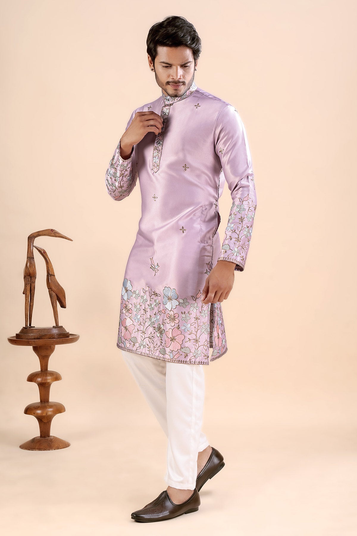 Onion Satin Embroidered Kurta