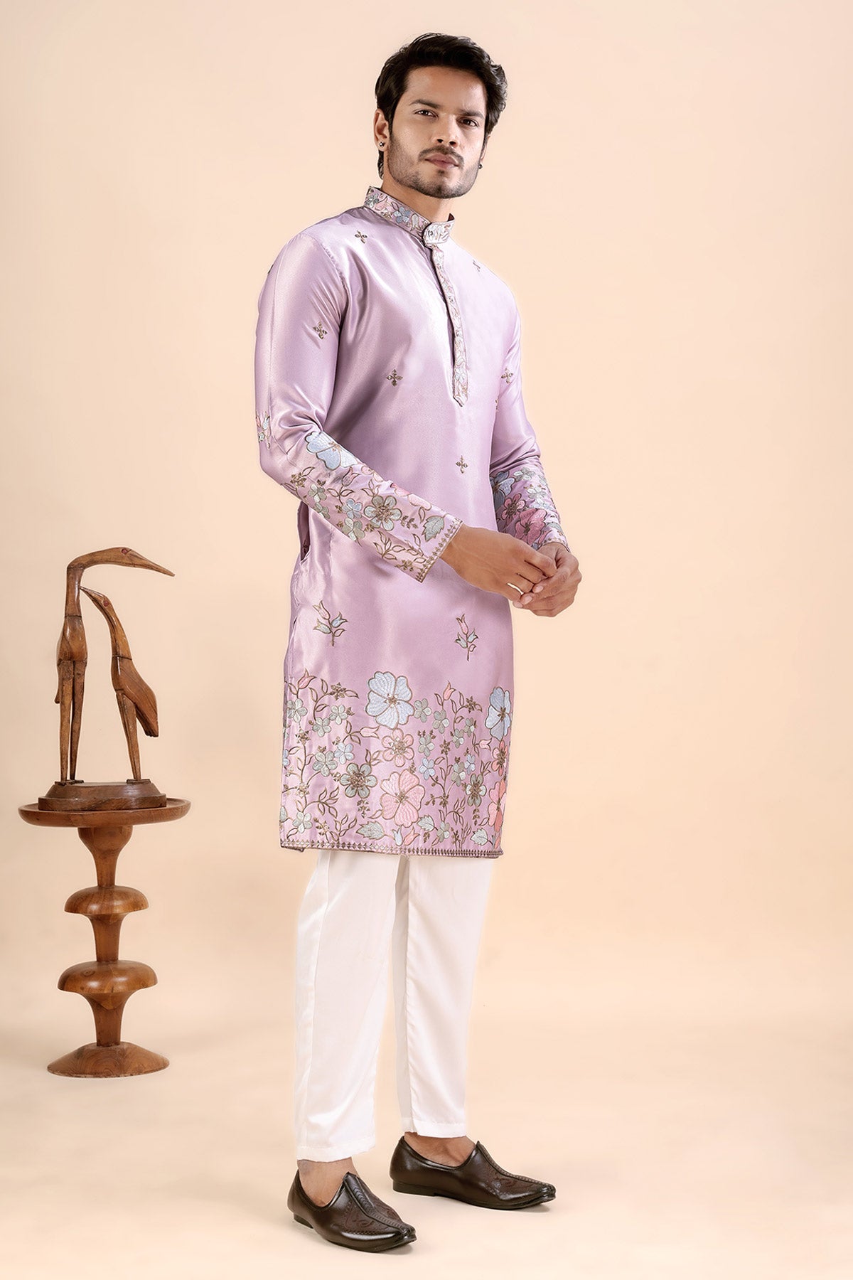 Onion Satin Embroidered Kurta