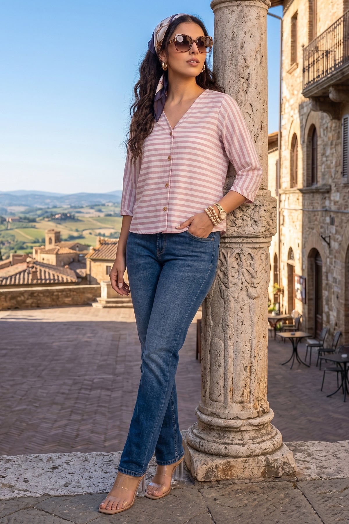 Onion Stripe Button Cotton Top