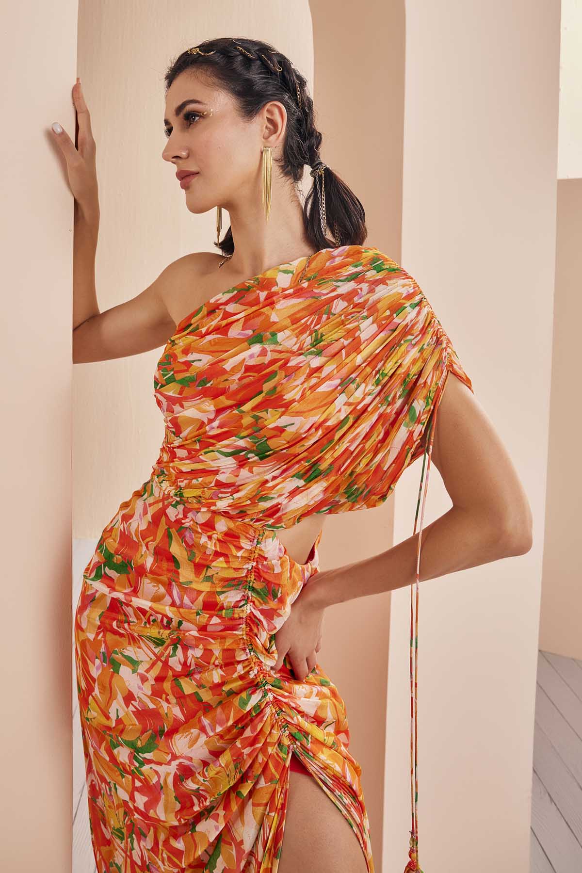 Orange Abstract Print Ruched Dress