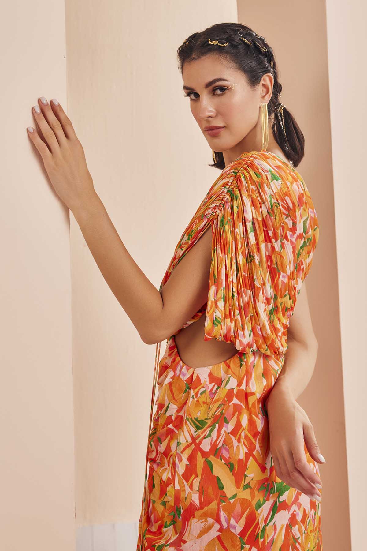 Orange Abstract Print Ruched Dress