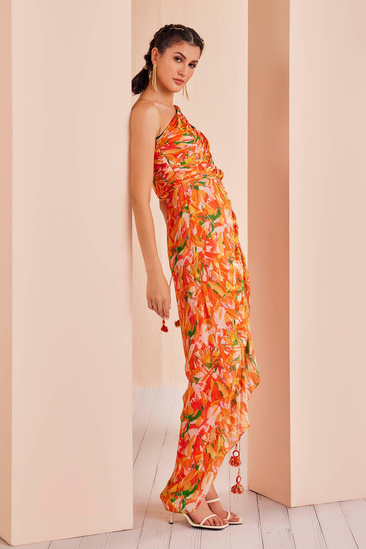 Orange Abstract Print Ruched Dress