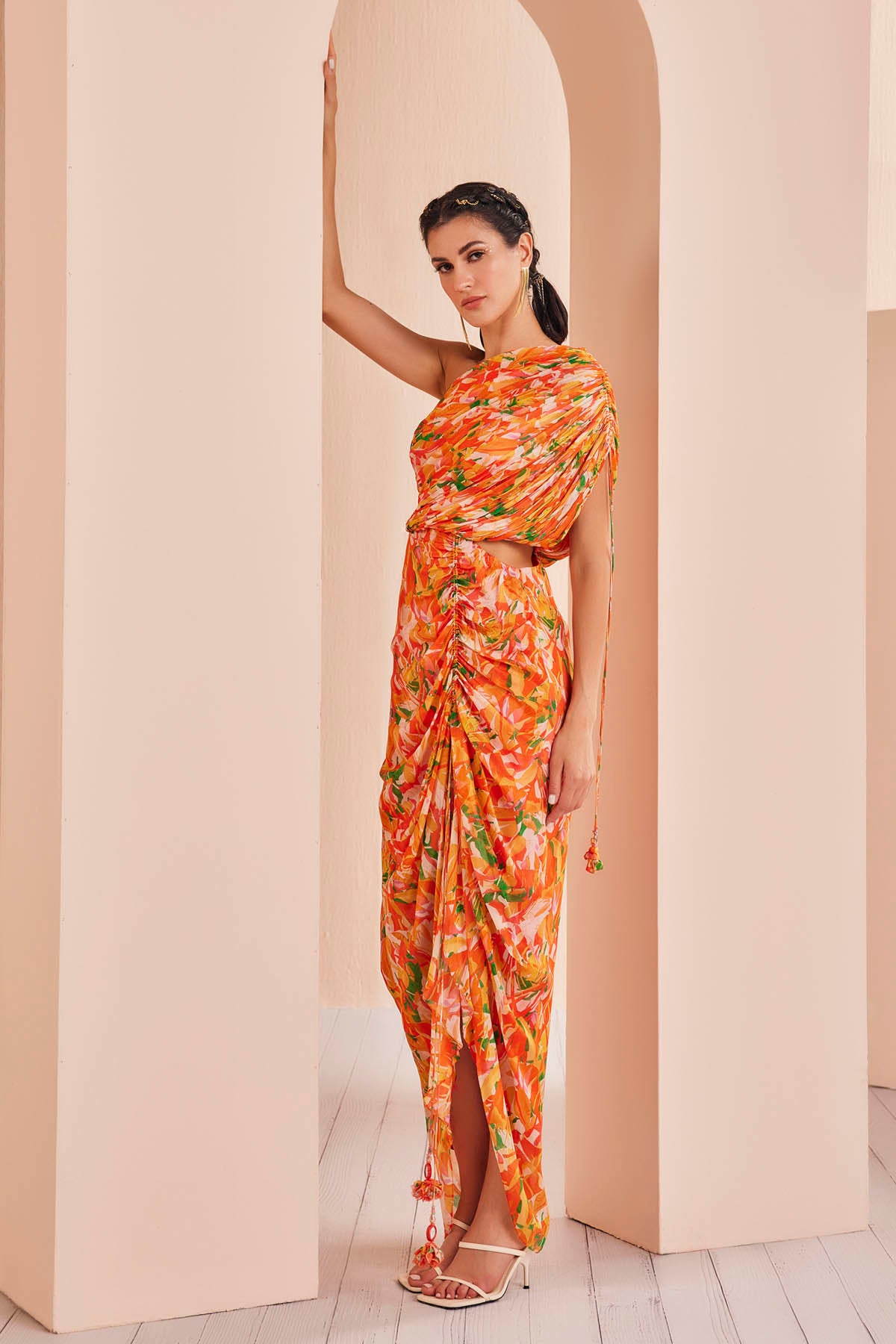 Orange Abstract Print Ruched Dress