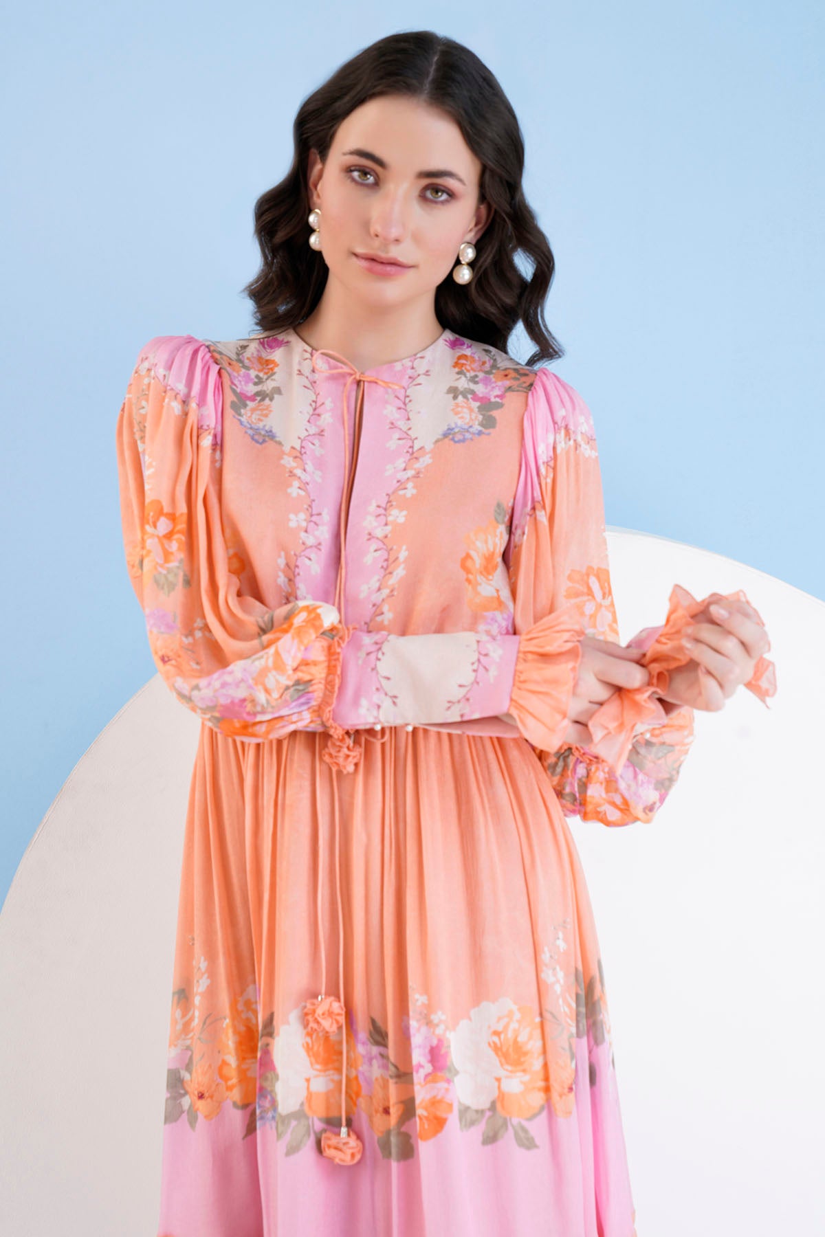 Orange Calf Length Print Dress