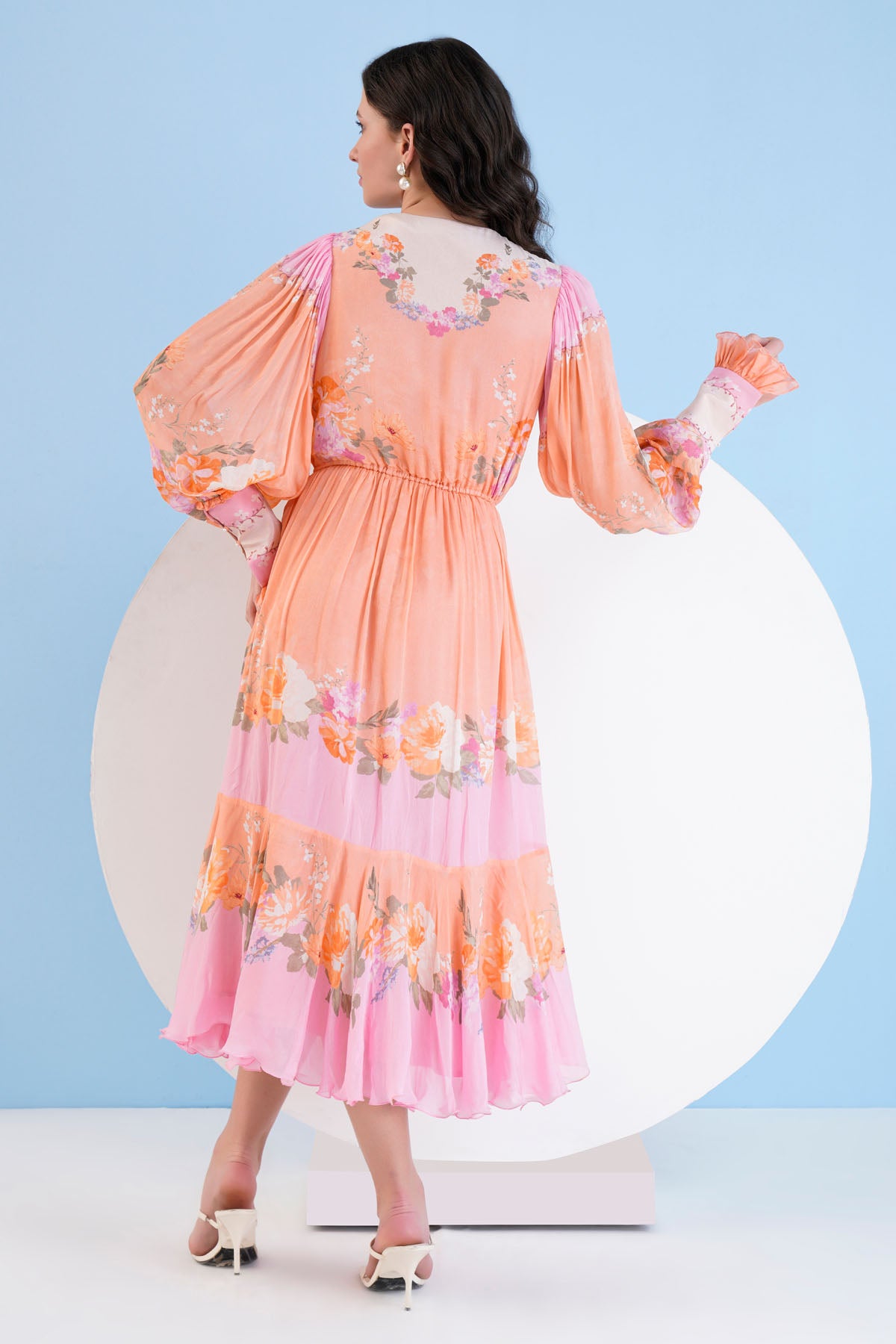 Orange Calf Length Print Dress