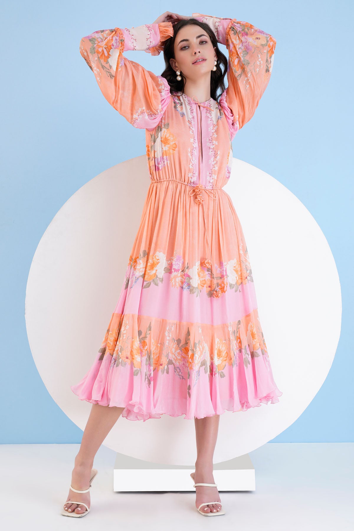 Orange Calf Length Print Dress