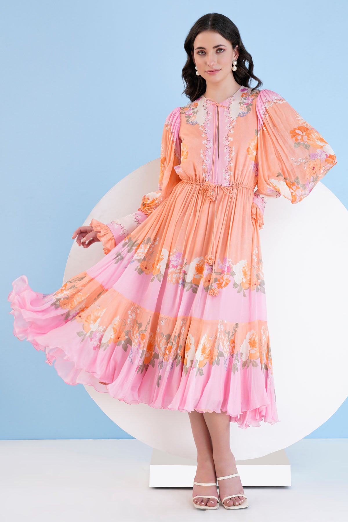 Orange Calf Length Print Dress