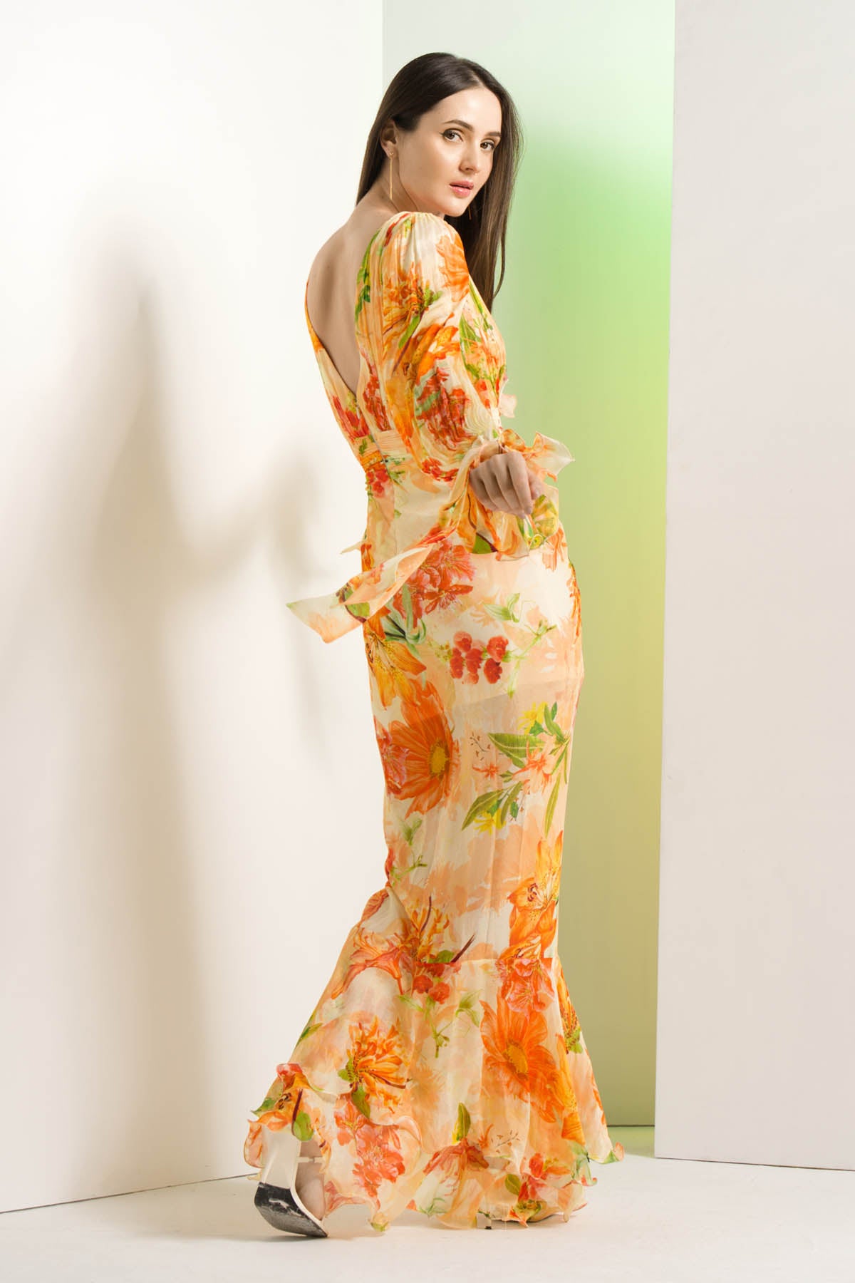 Orange Chiffon Floral Dress