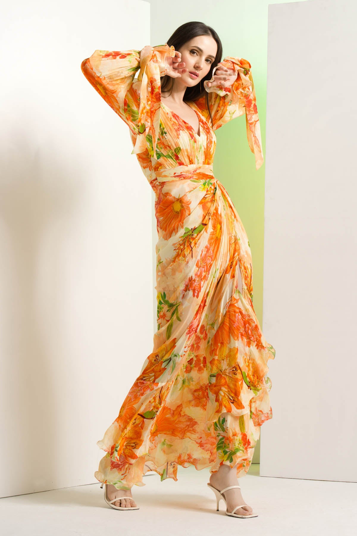 Orange Chiffon Floral Dress