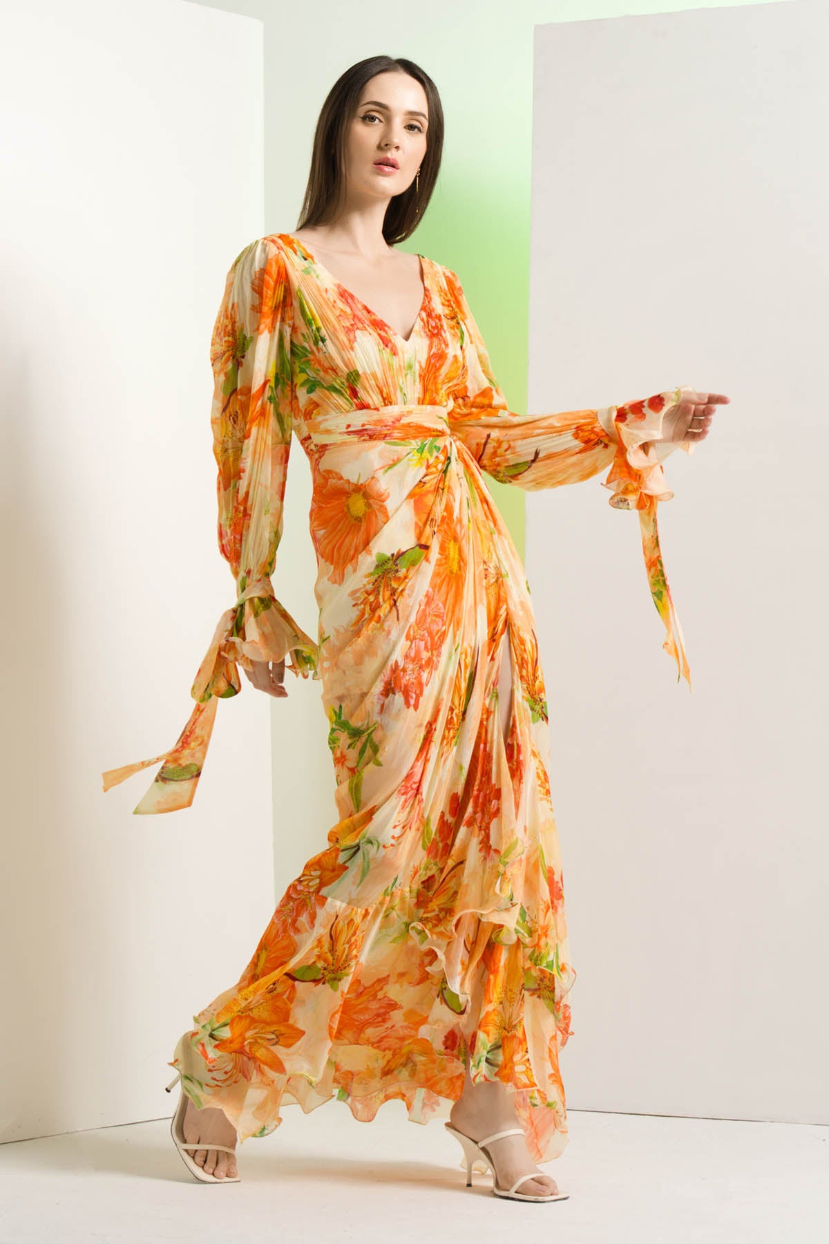 Orange Chiffon Floral Dress