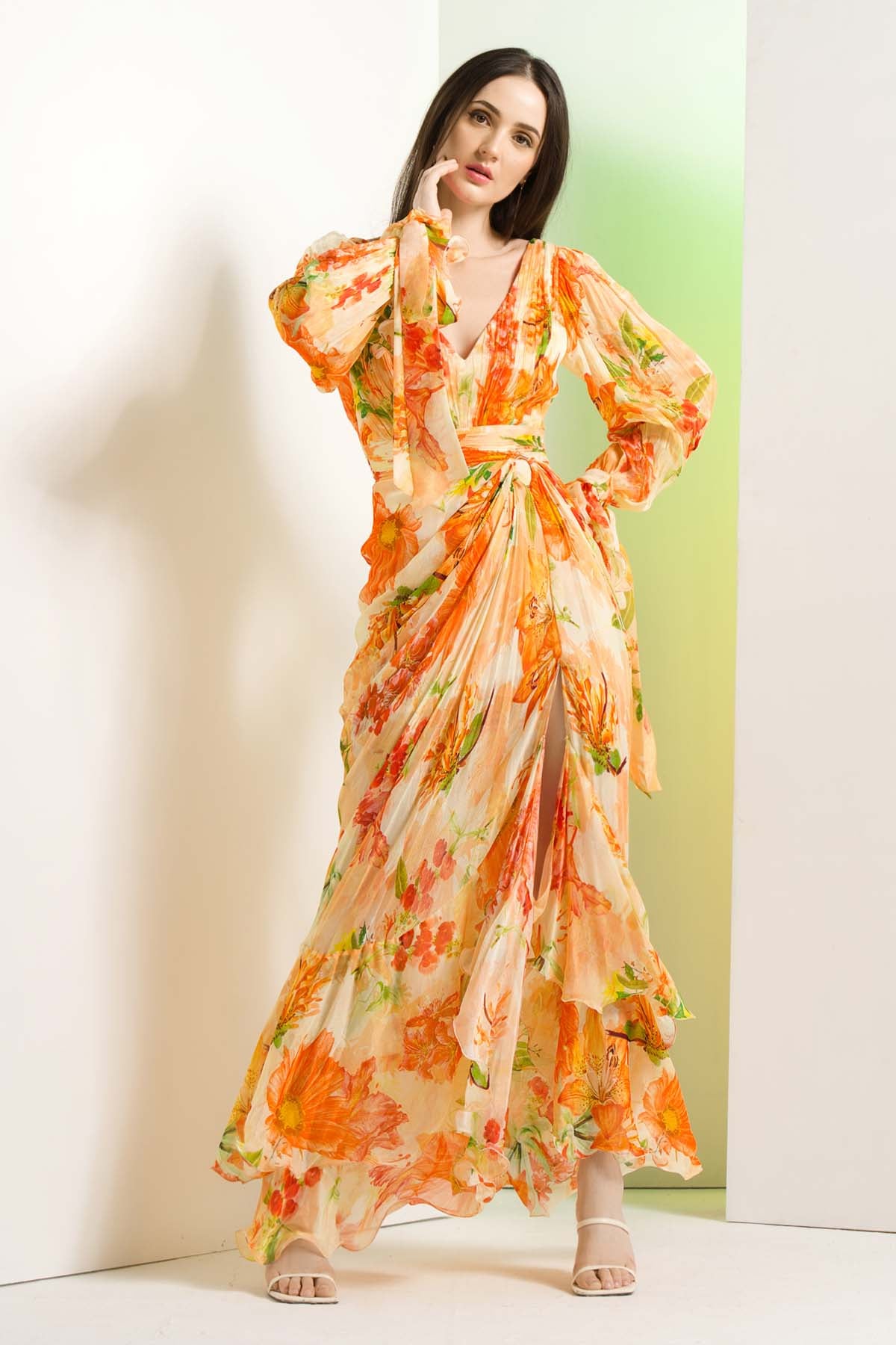 Orange Chiffon Floral Dress