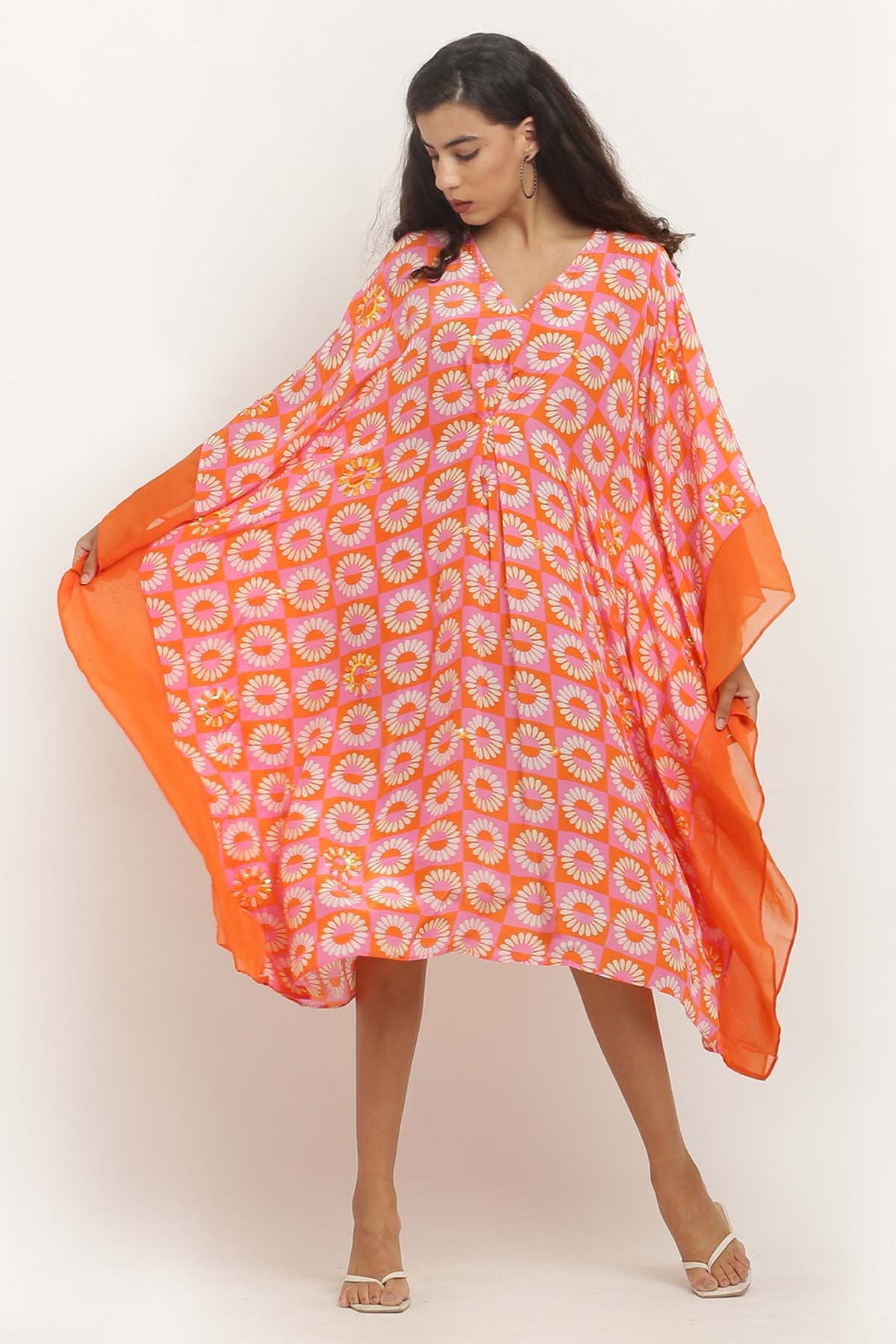 Orange Crepe Printed Kaftan