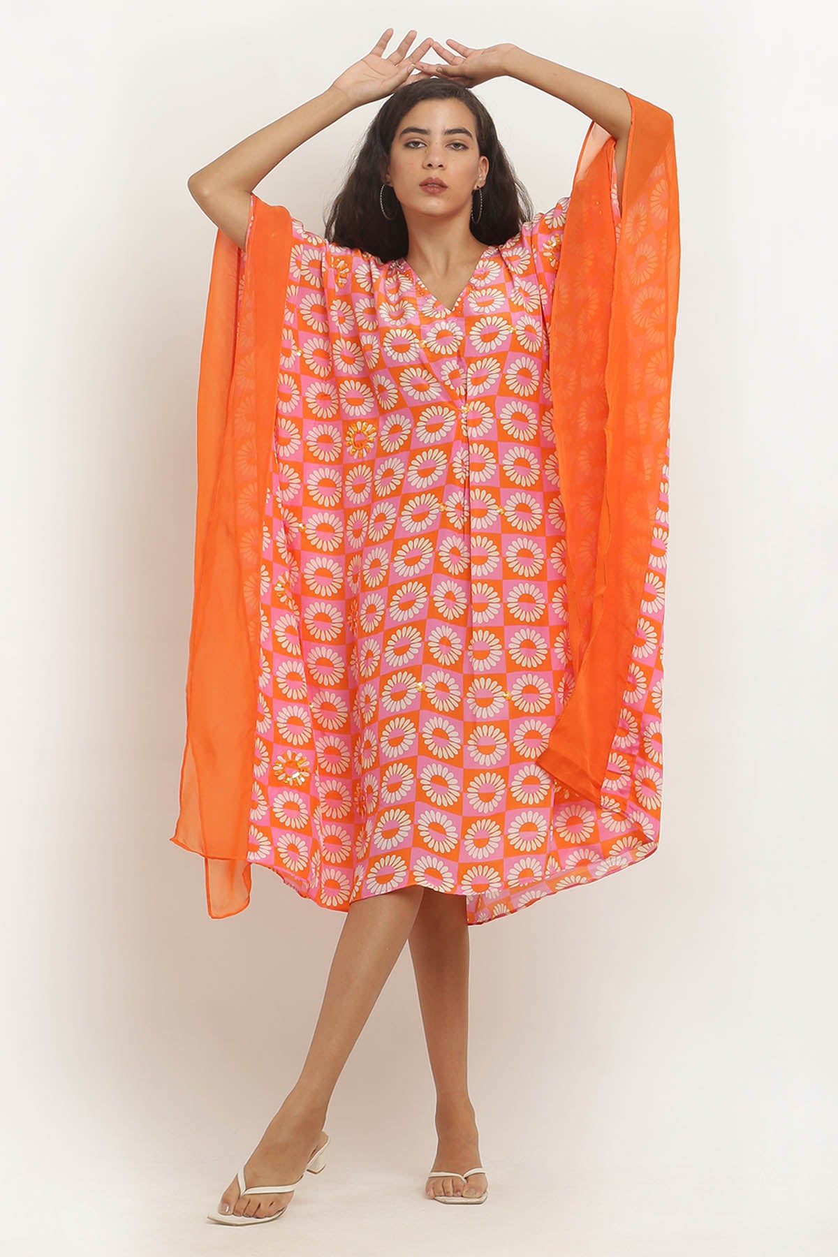 Orange Crepe Printed Kaftan
