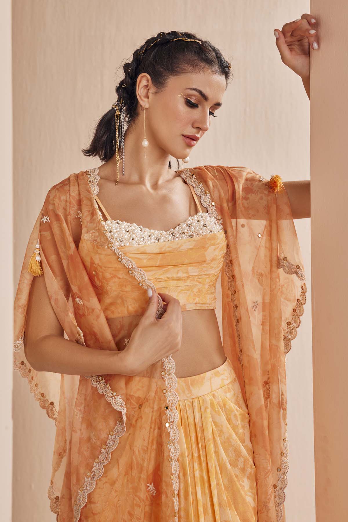 Orange Daisy Embroidered Lehenga Set