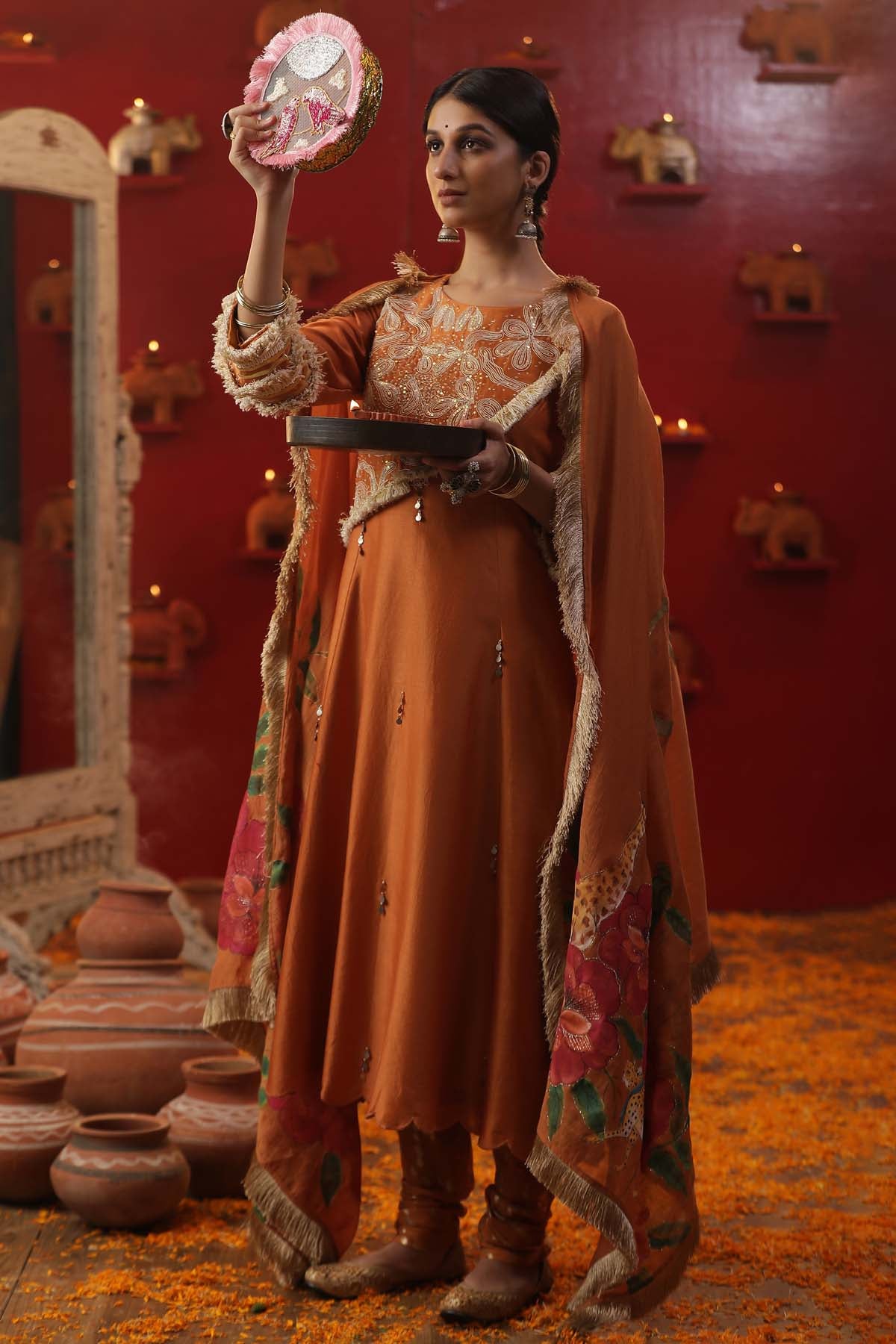 Burnt Orange Chanderi Kurta Set