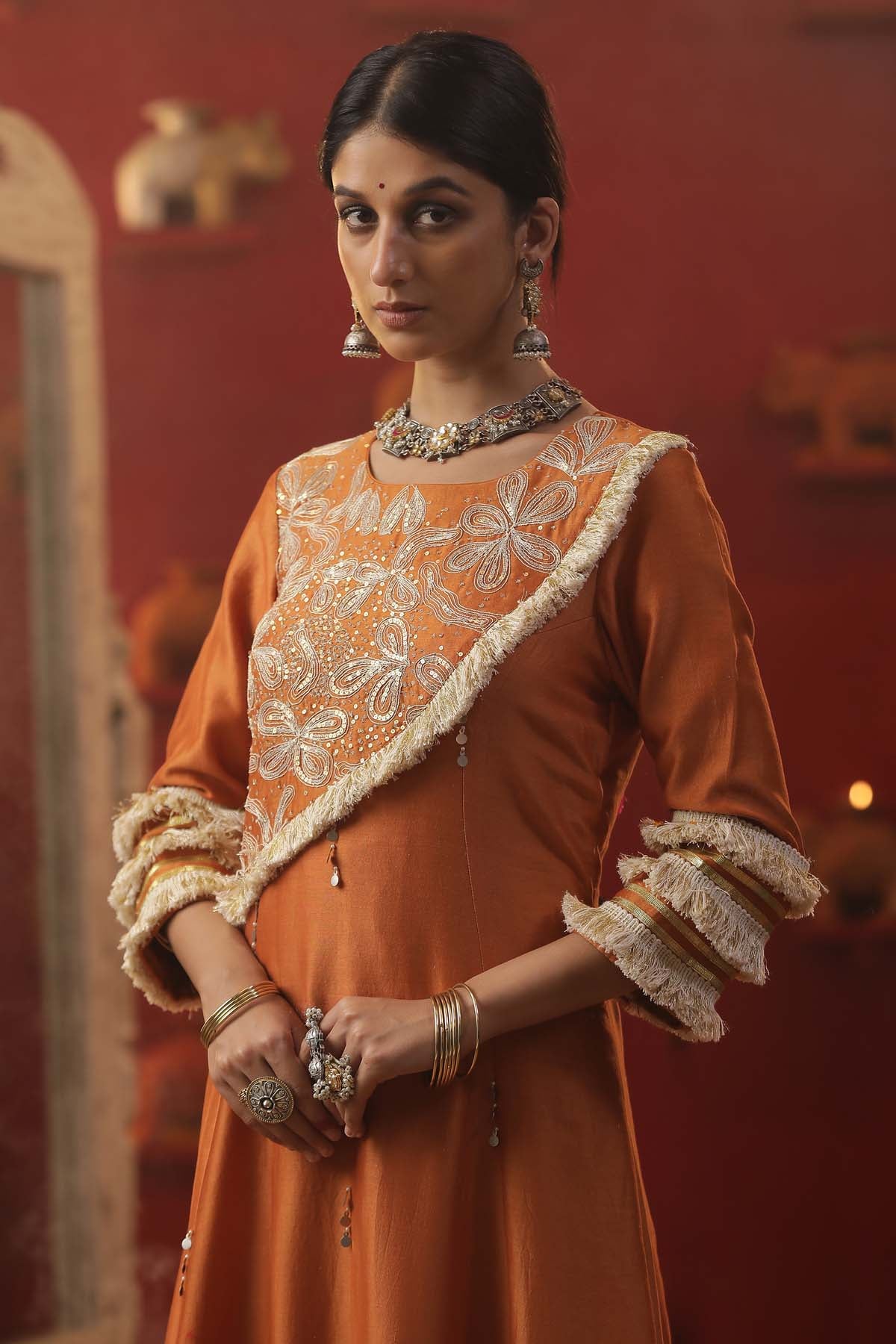 Burnt Orange Chanderi Kurta Set