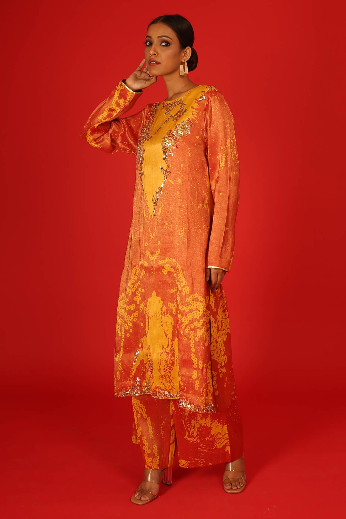 Orange Embroidered Kurta & Pants