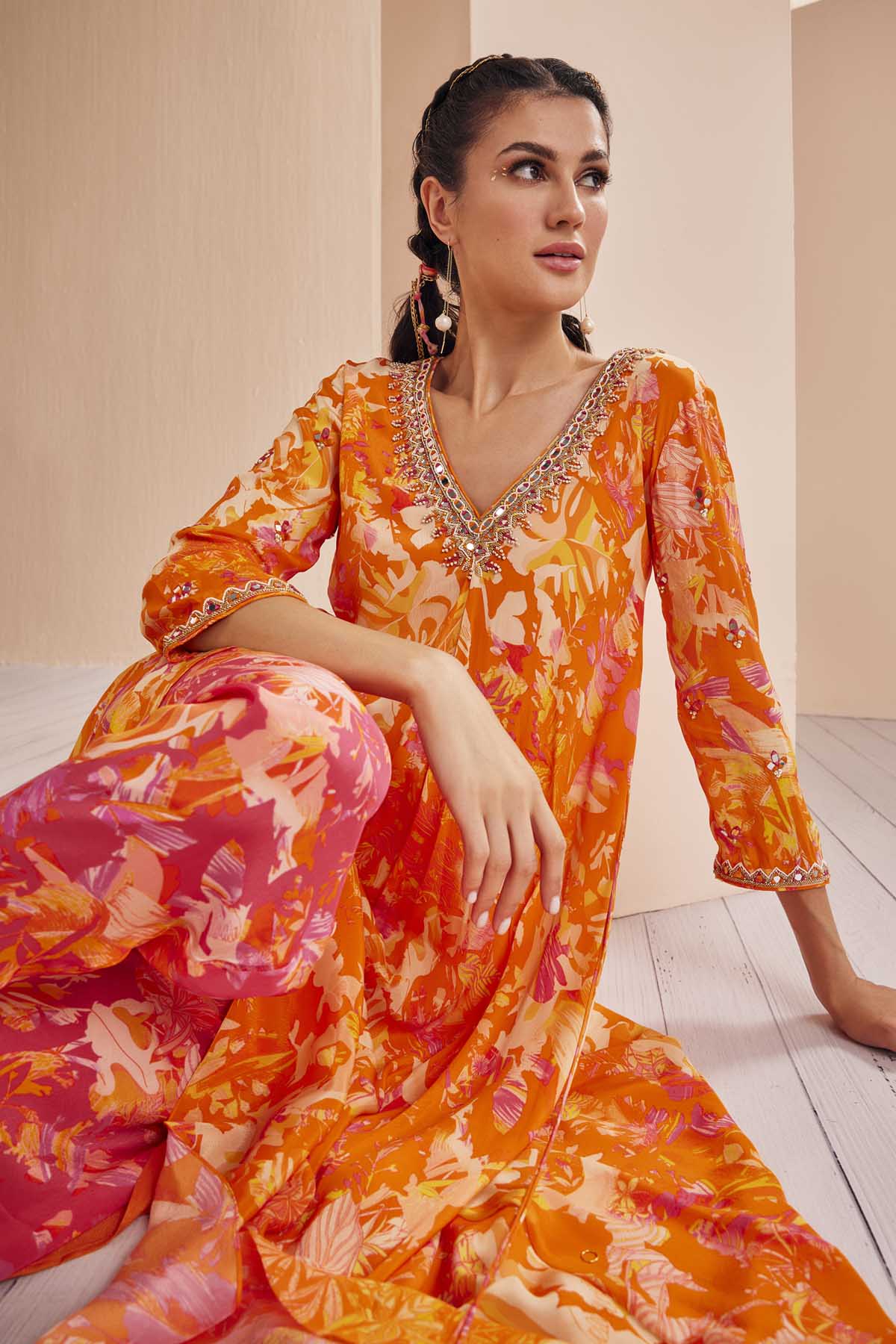 Orange Embroidered Dhoti Set