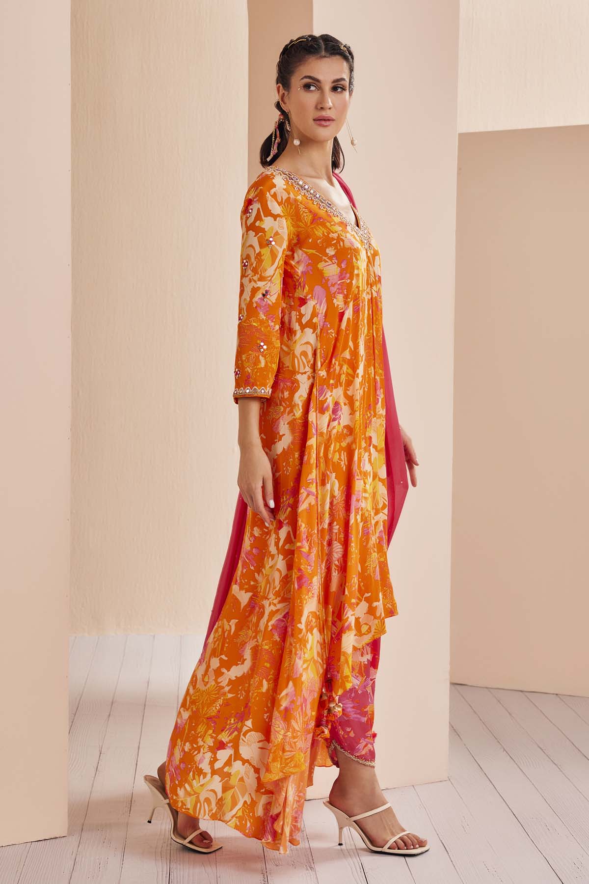 Orange Embroidered Dhoti Set