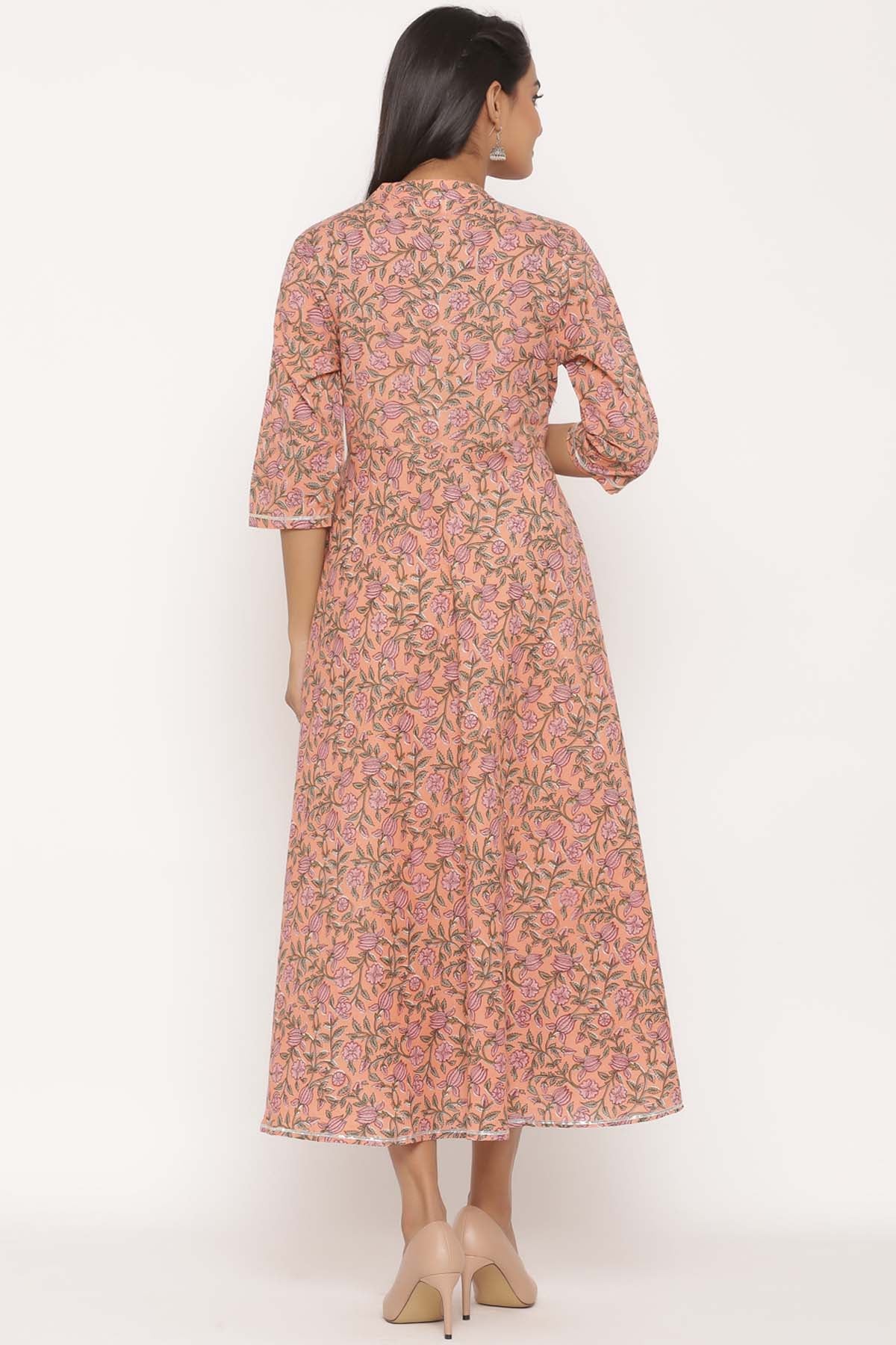 Orange Floral Print Cotton Kurta