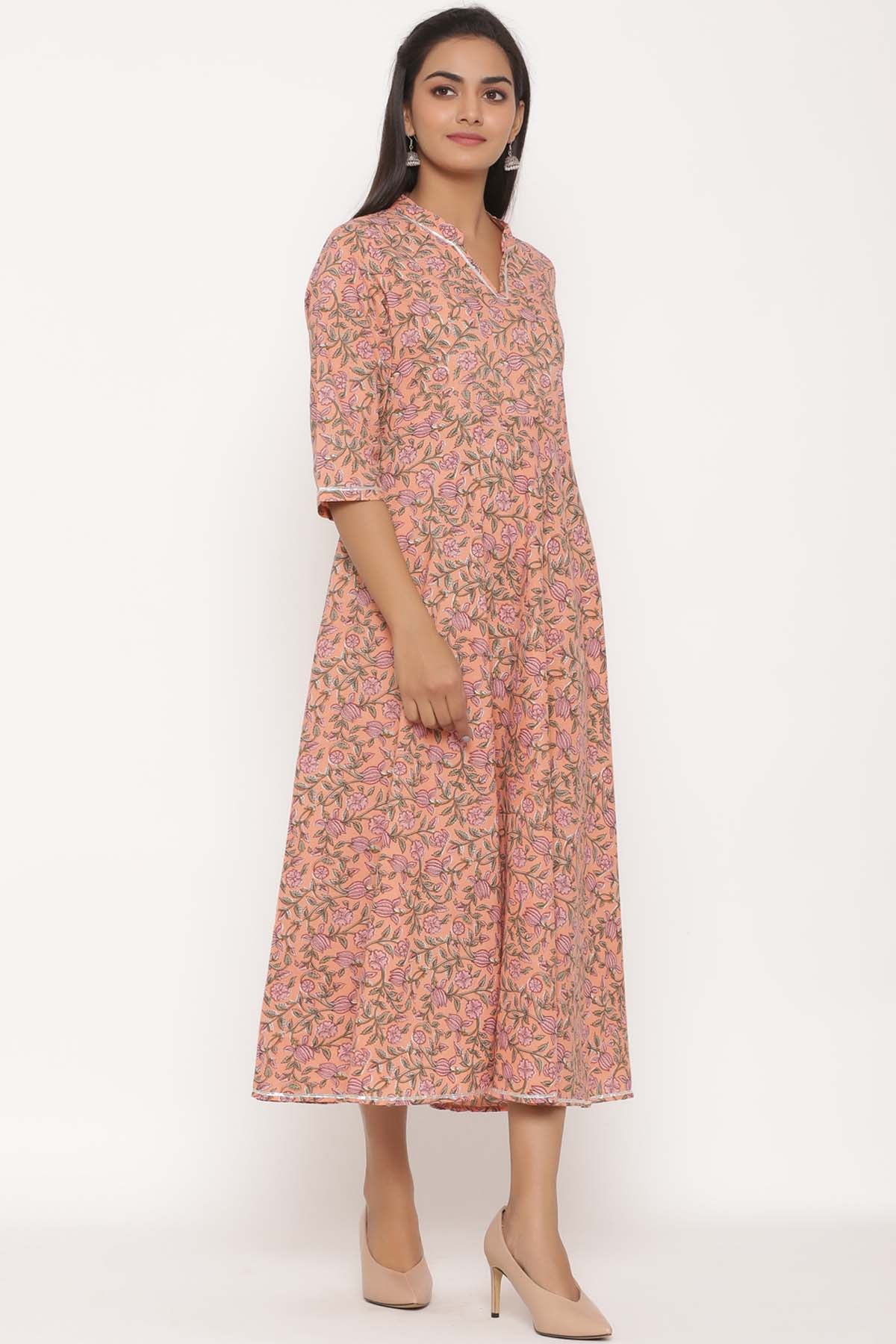 Orange Floral Print Cotton Kurta