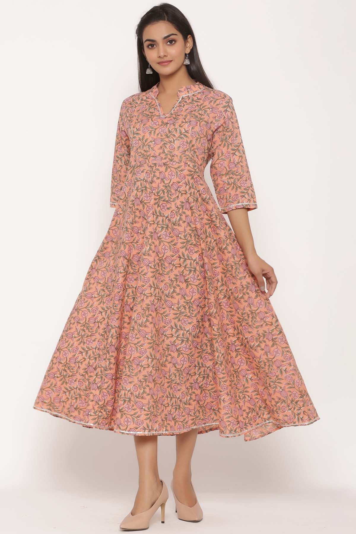 Orange Floral Print Cotton Kurta