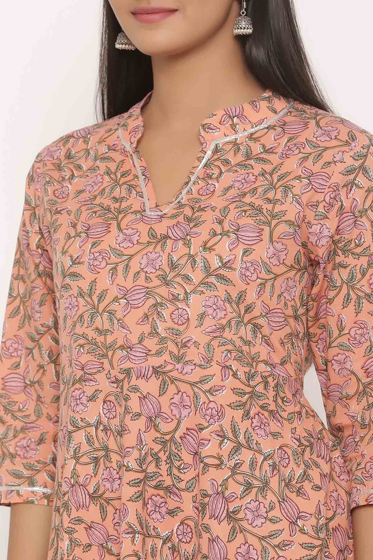 Orange Floral Print Cotton Kurta