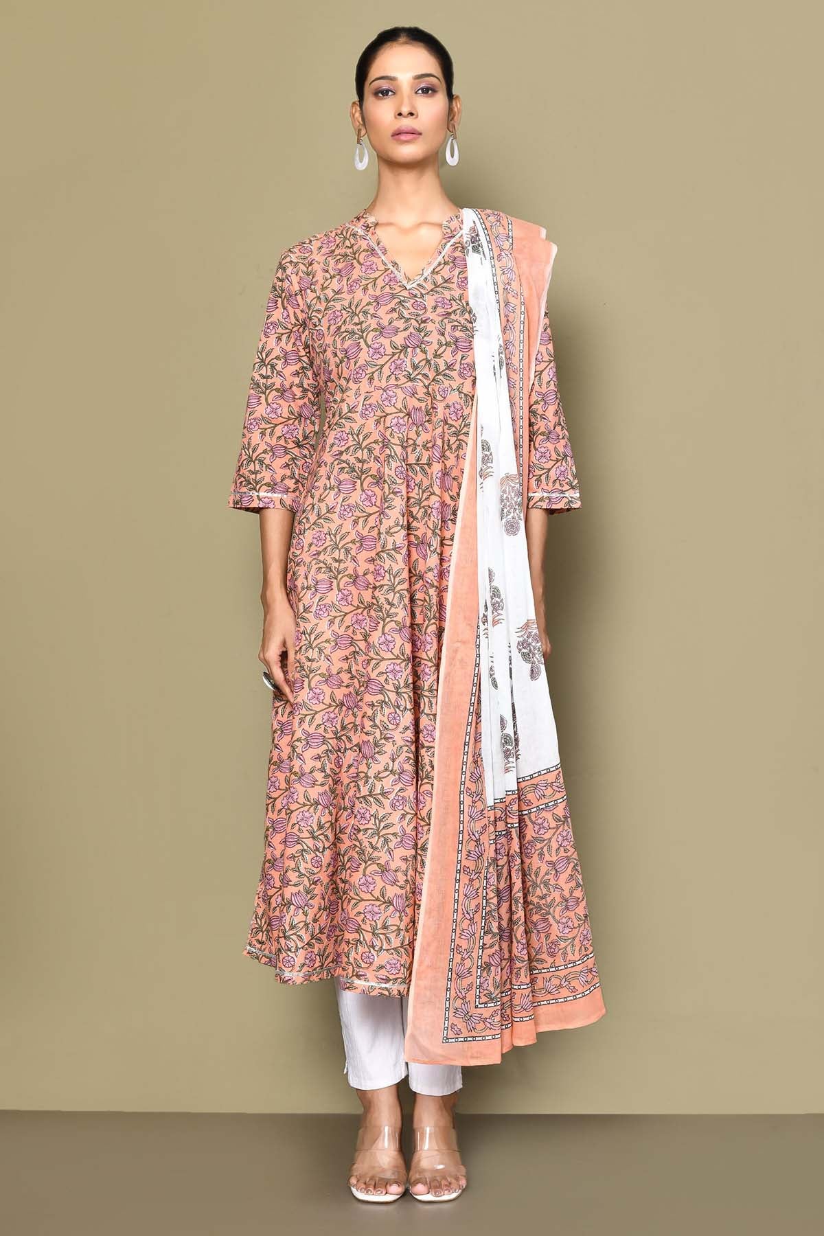 Orange Floral Print Kurta & Dupatta