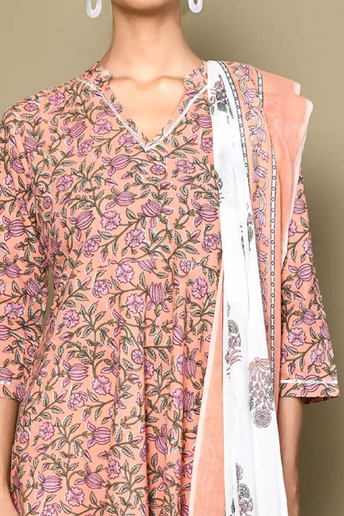 Orange Floral Print Kurta & Dupatta