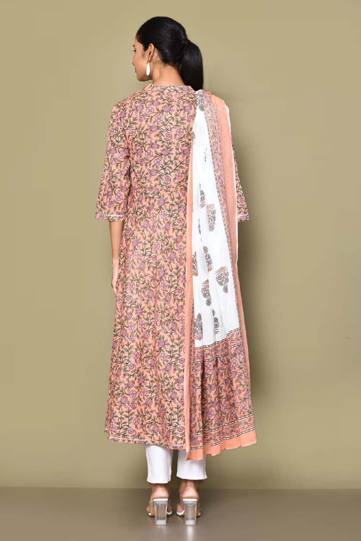Orange Floral Print Kurta & Dupatta
