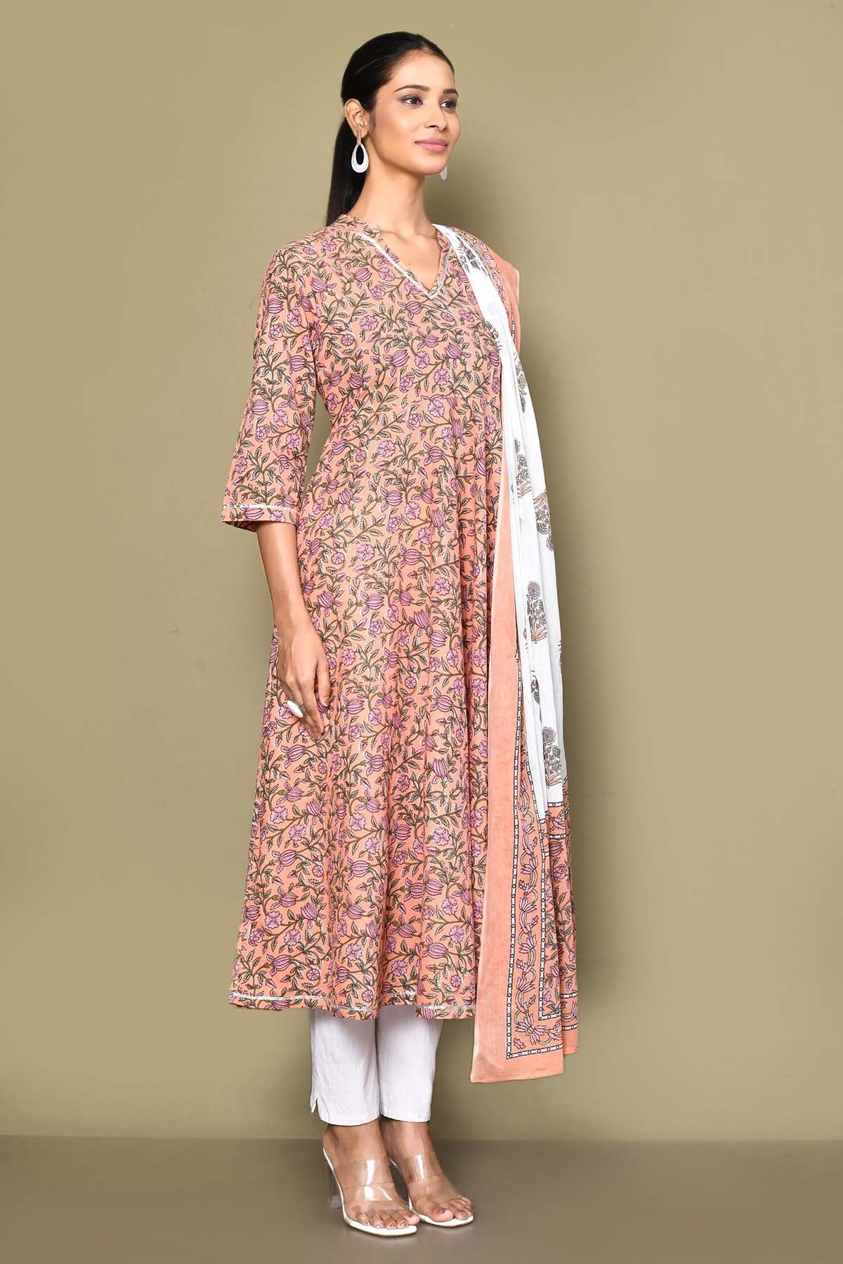 Orange Floral Print Kurta & Dupatta